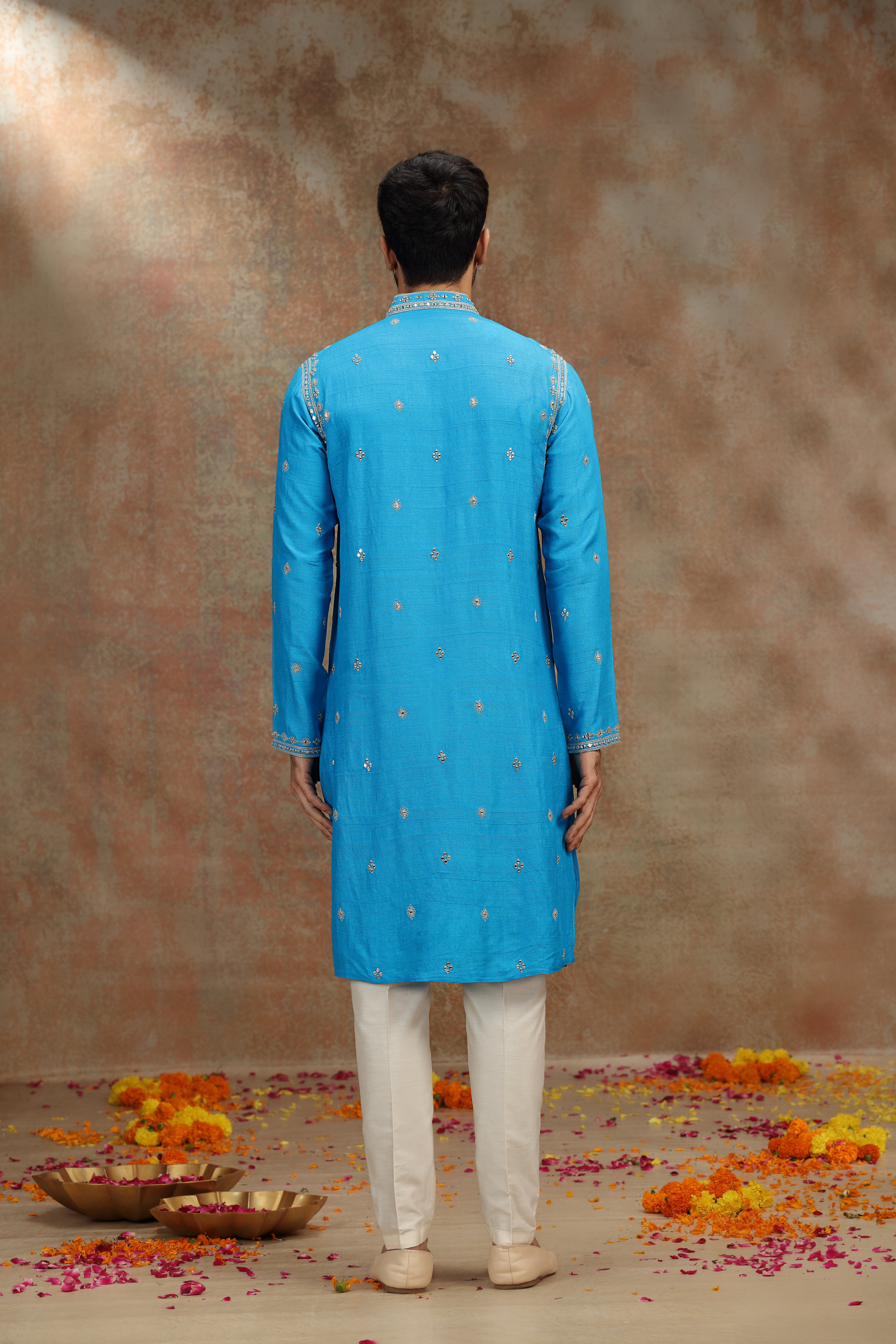 Cobalt Blue Silk Kurta Set with Mirror and Dori Work