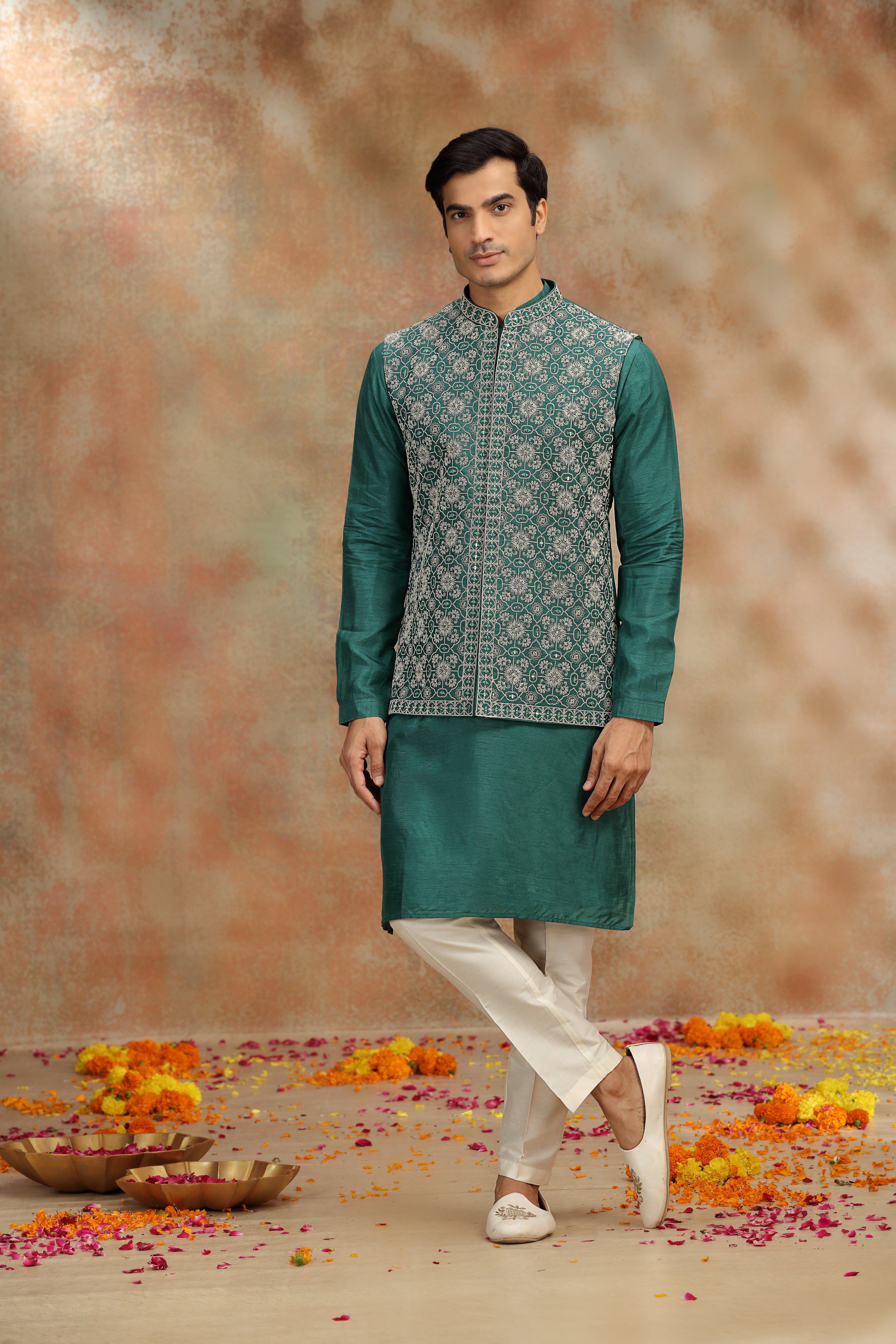 Dark Green Silk Koti Kurta Set with Mirror & Dori Work