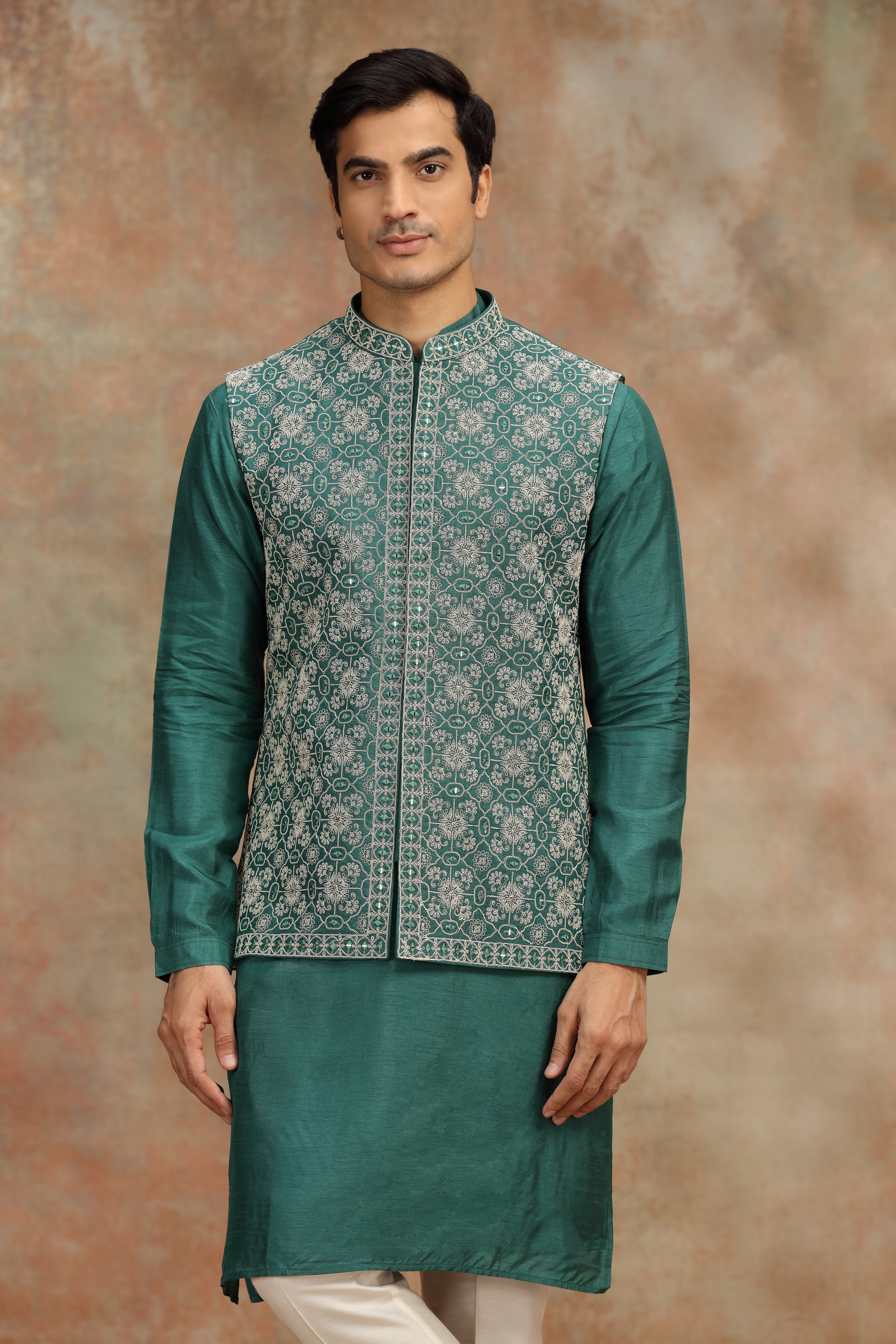 Dark Green Silk Koti Kurta Set with Mirror & Dori Work