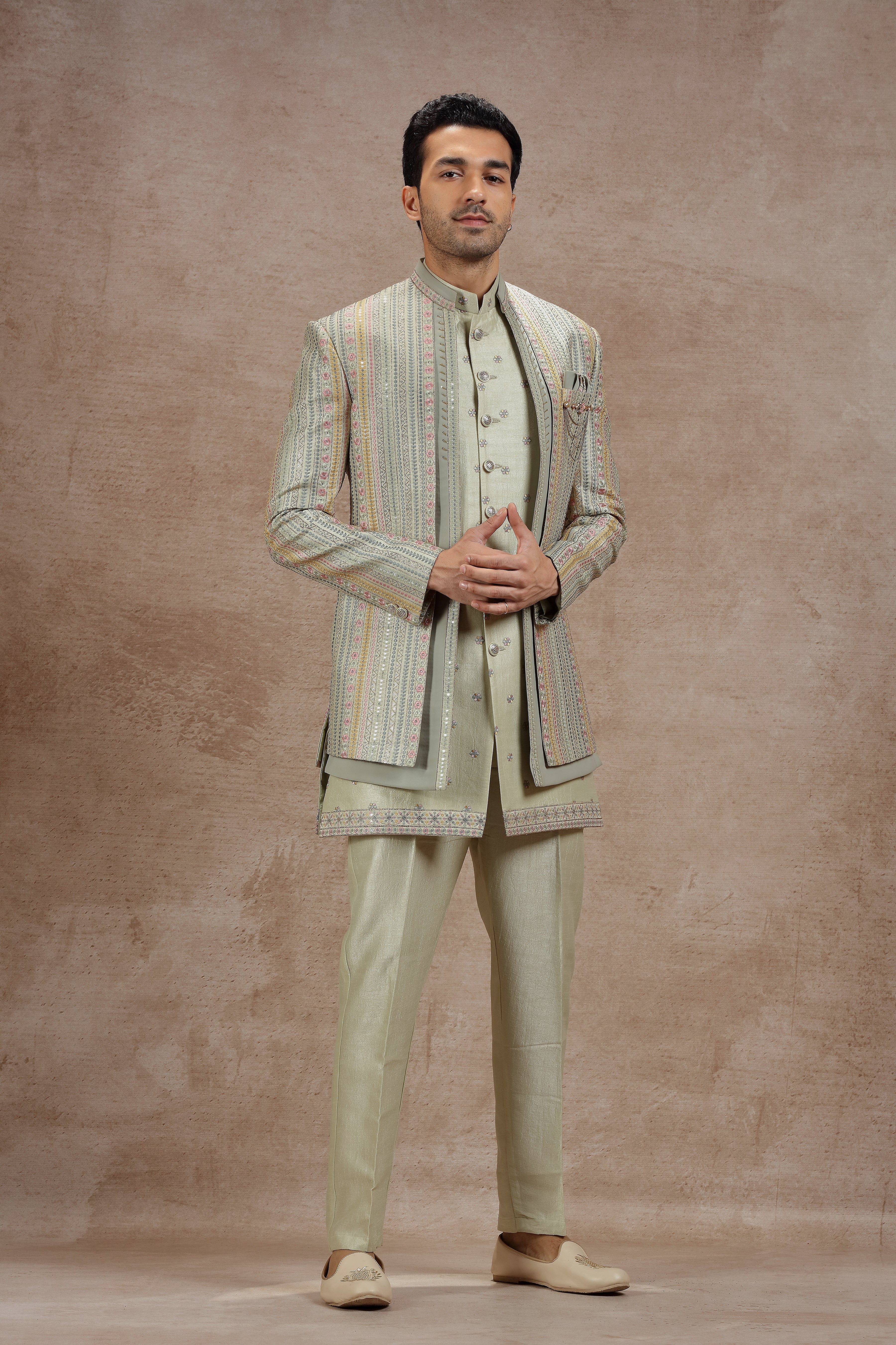 Sage Green Indowestern Jacket Set with Floral Embroidery - Shreeman