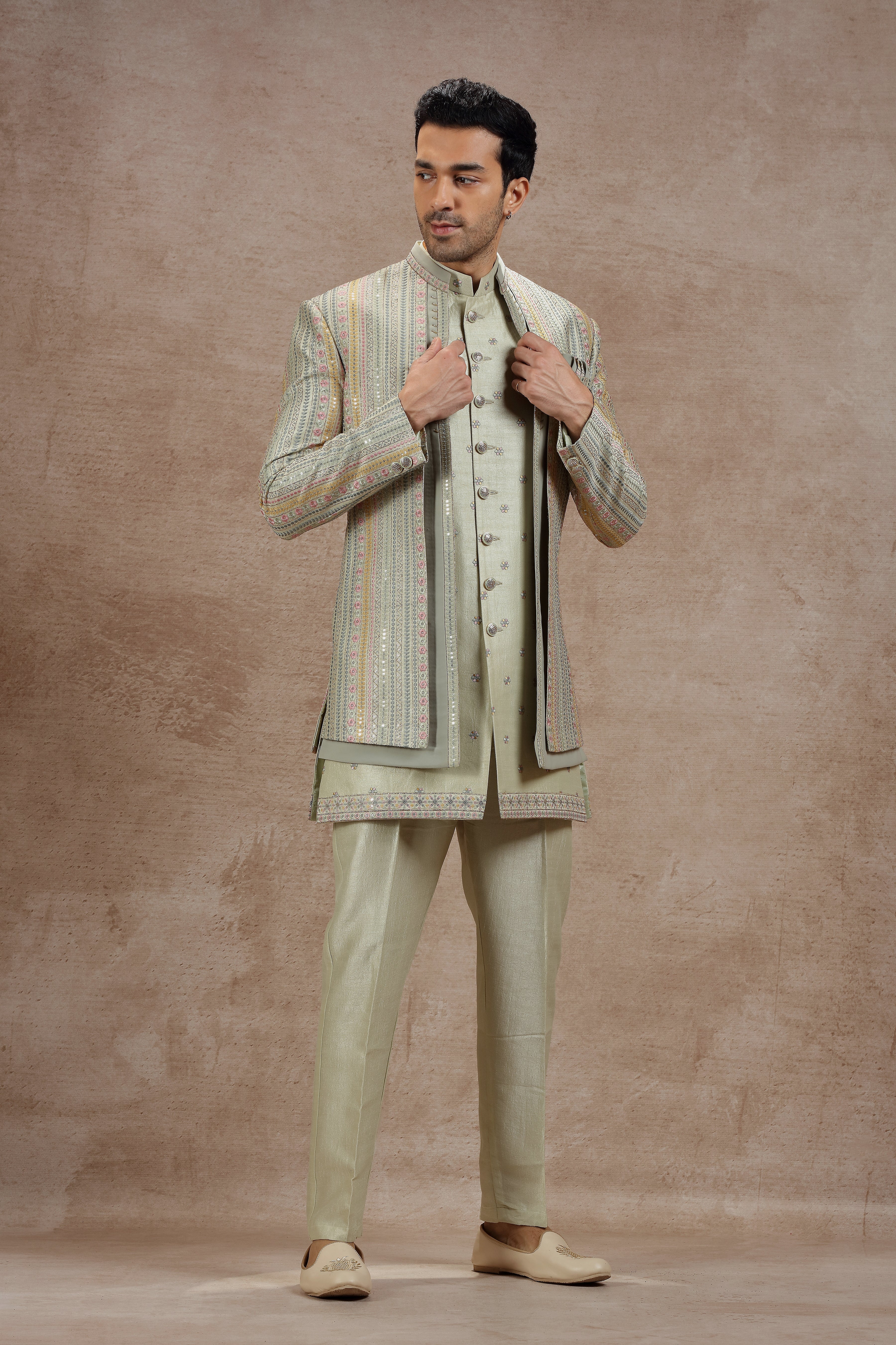 Sage Green Indowestern Jacket Set with Floral Embroidery - Shreeman