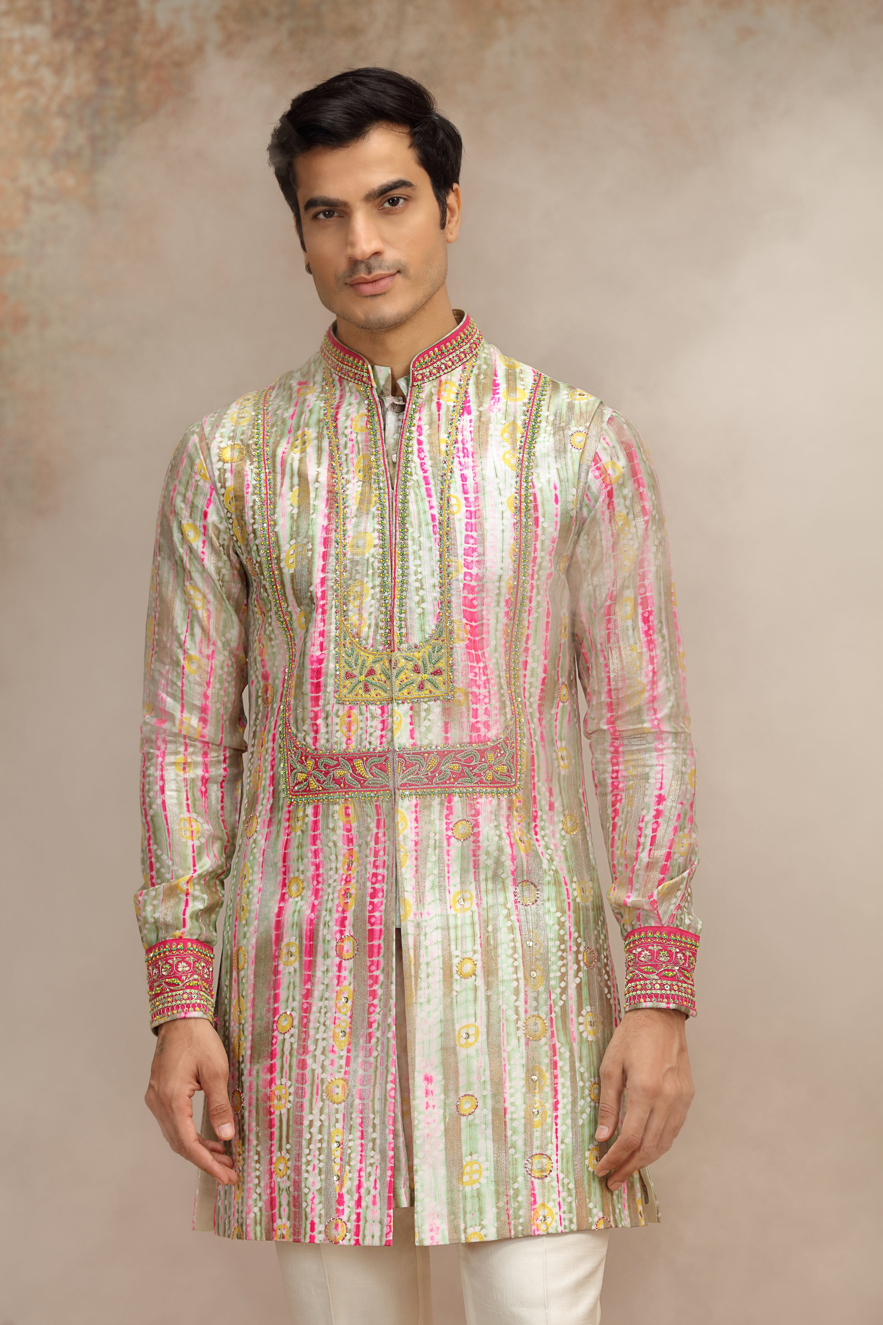 Multicolor Silk Koti Kurta with Dori & Sequins