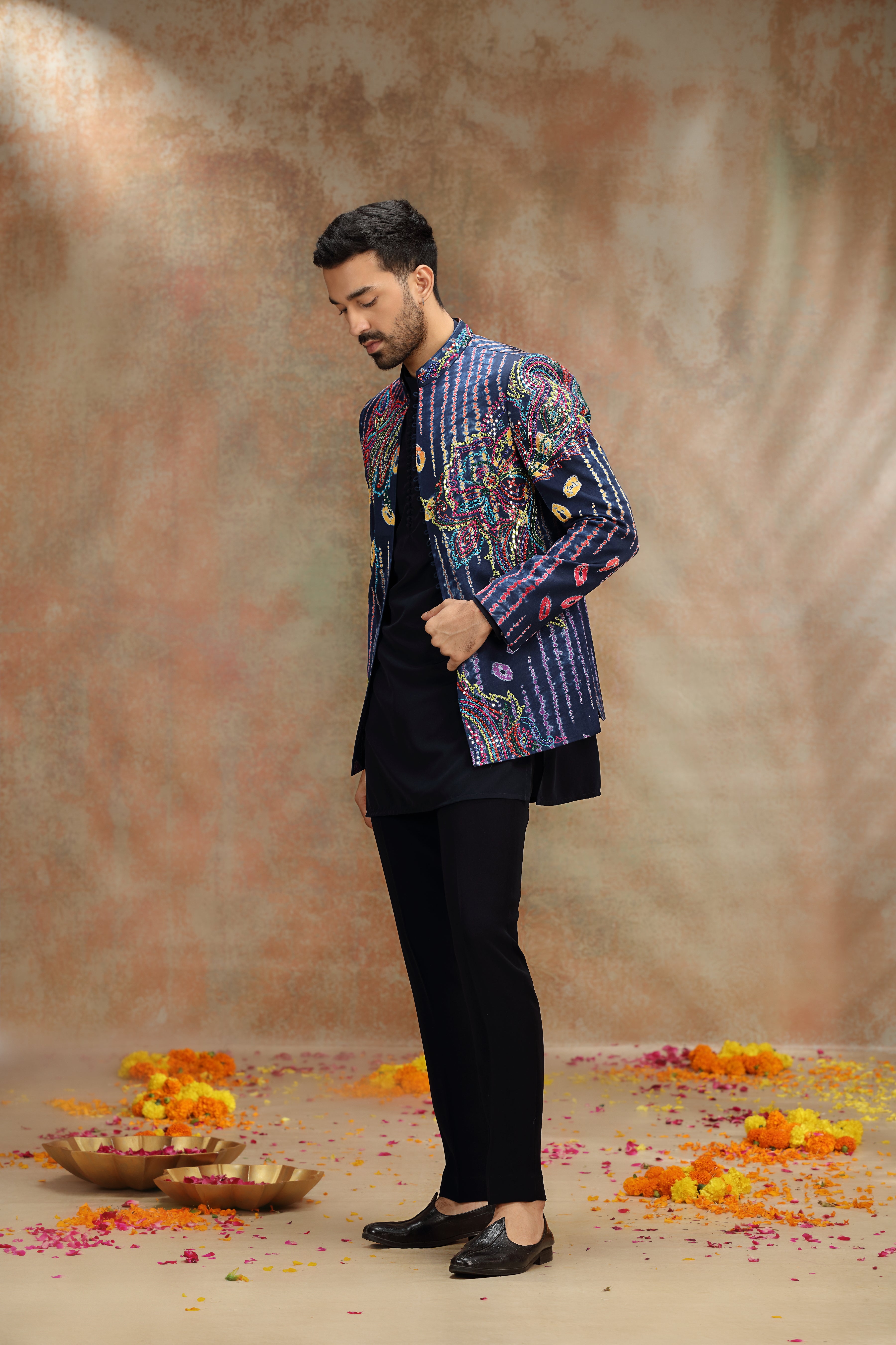 Navy Blue Indo Set with Print Work