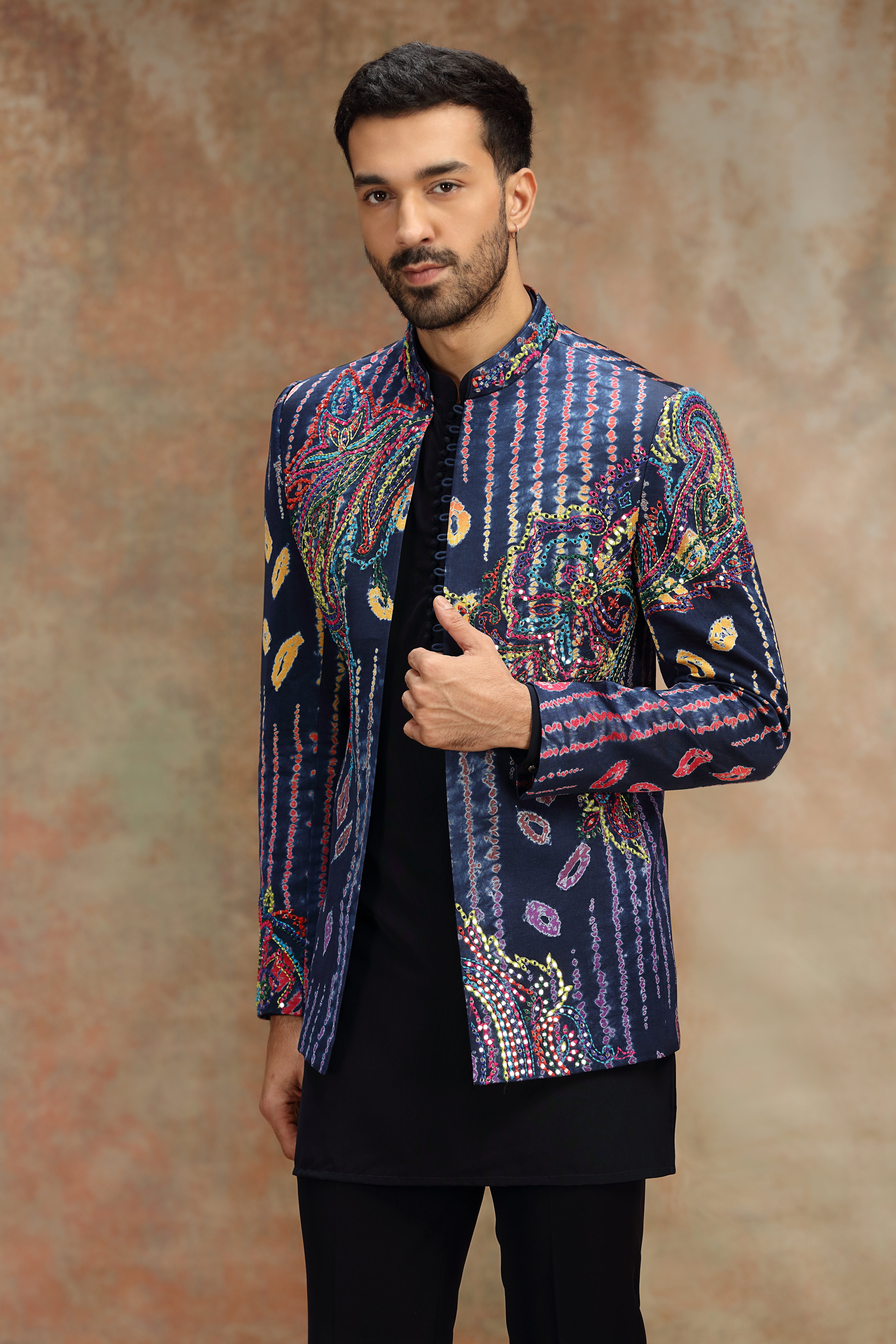 Navy Blue Indo Set with Print Work