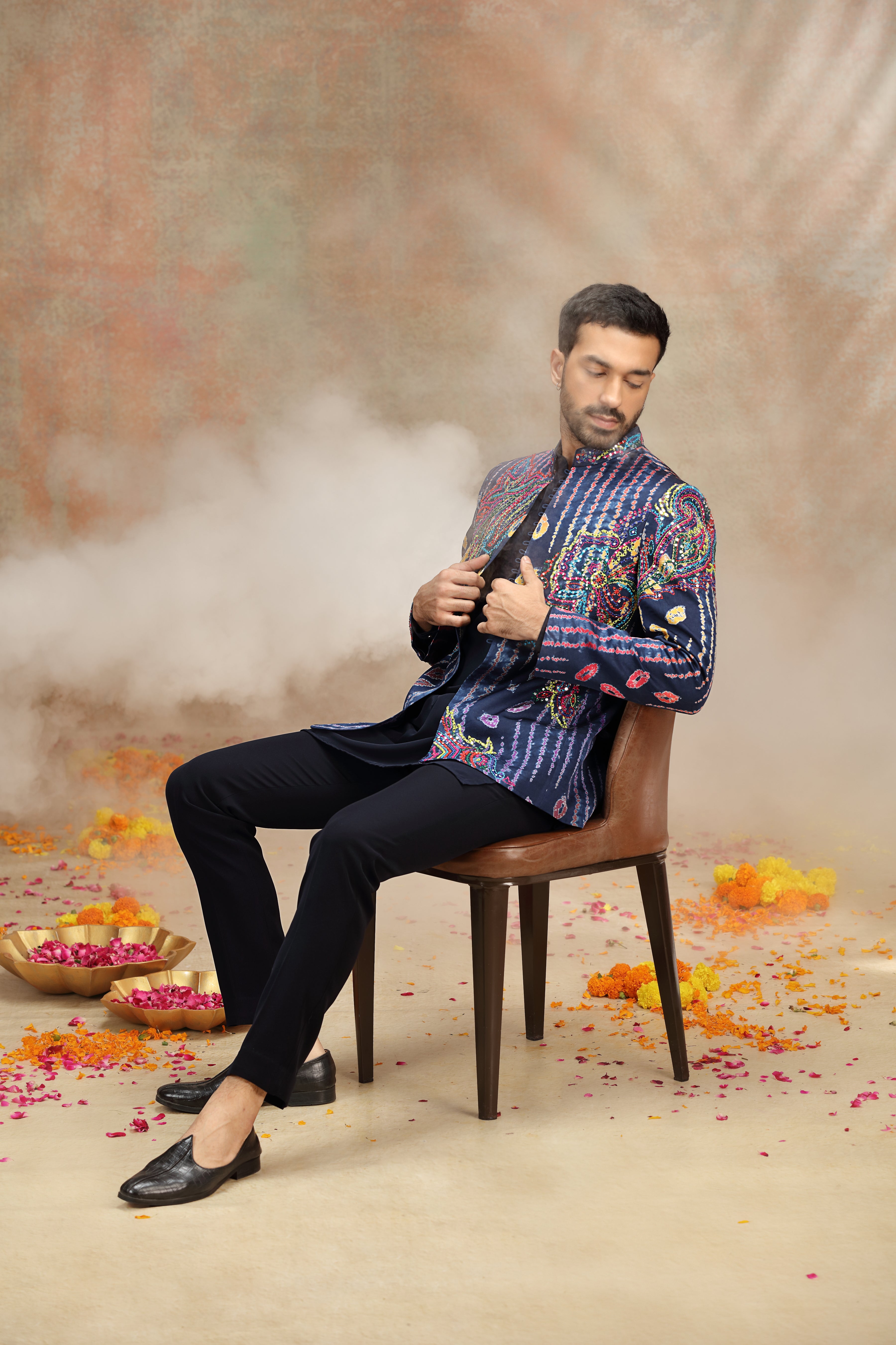 Navy Blue Indo Set with Print Work