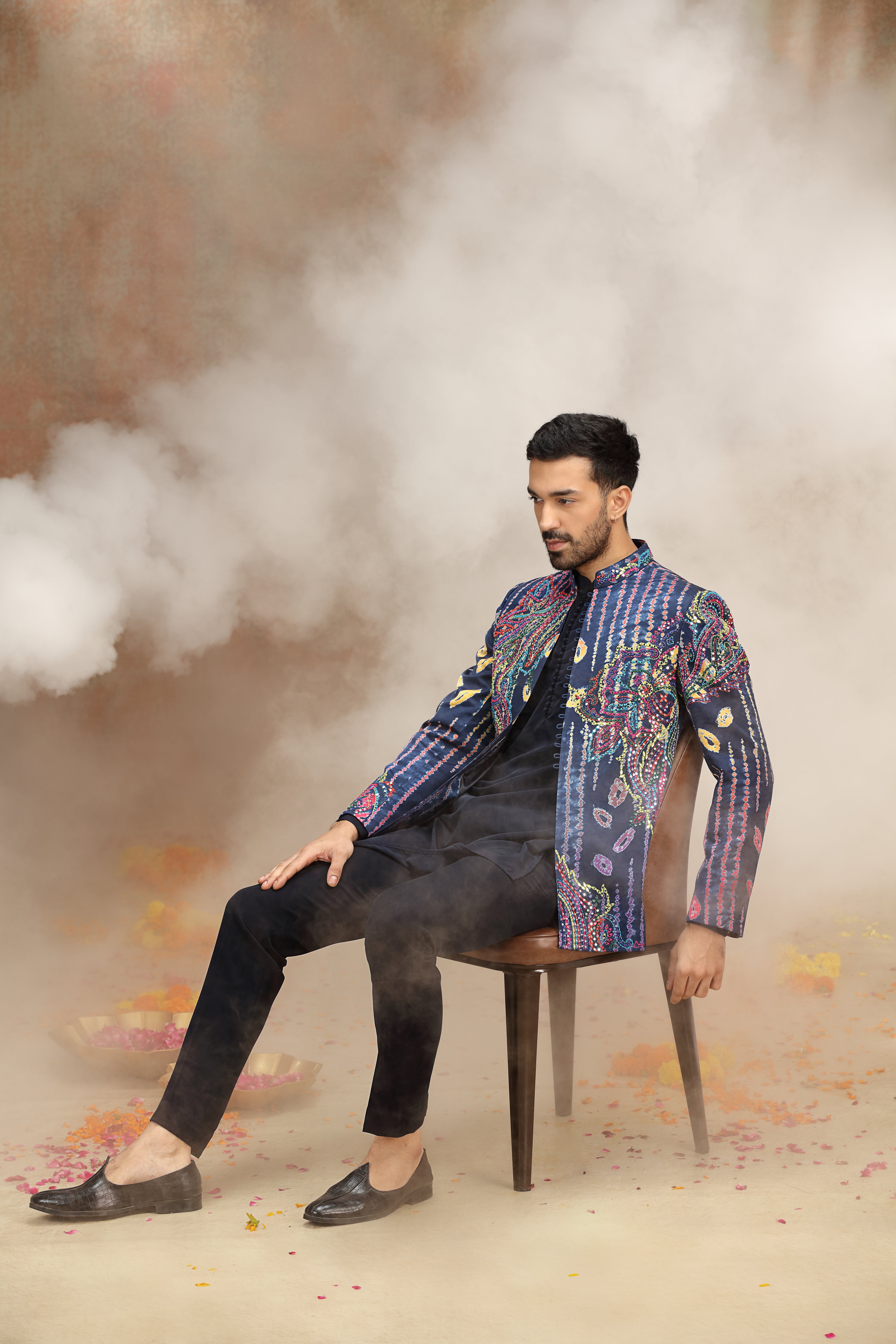 Navy Blue Indo Set with Print Work