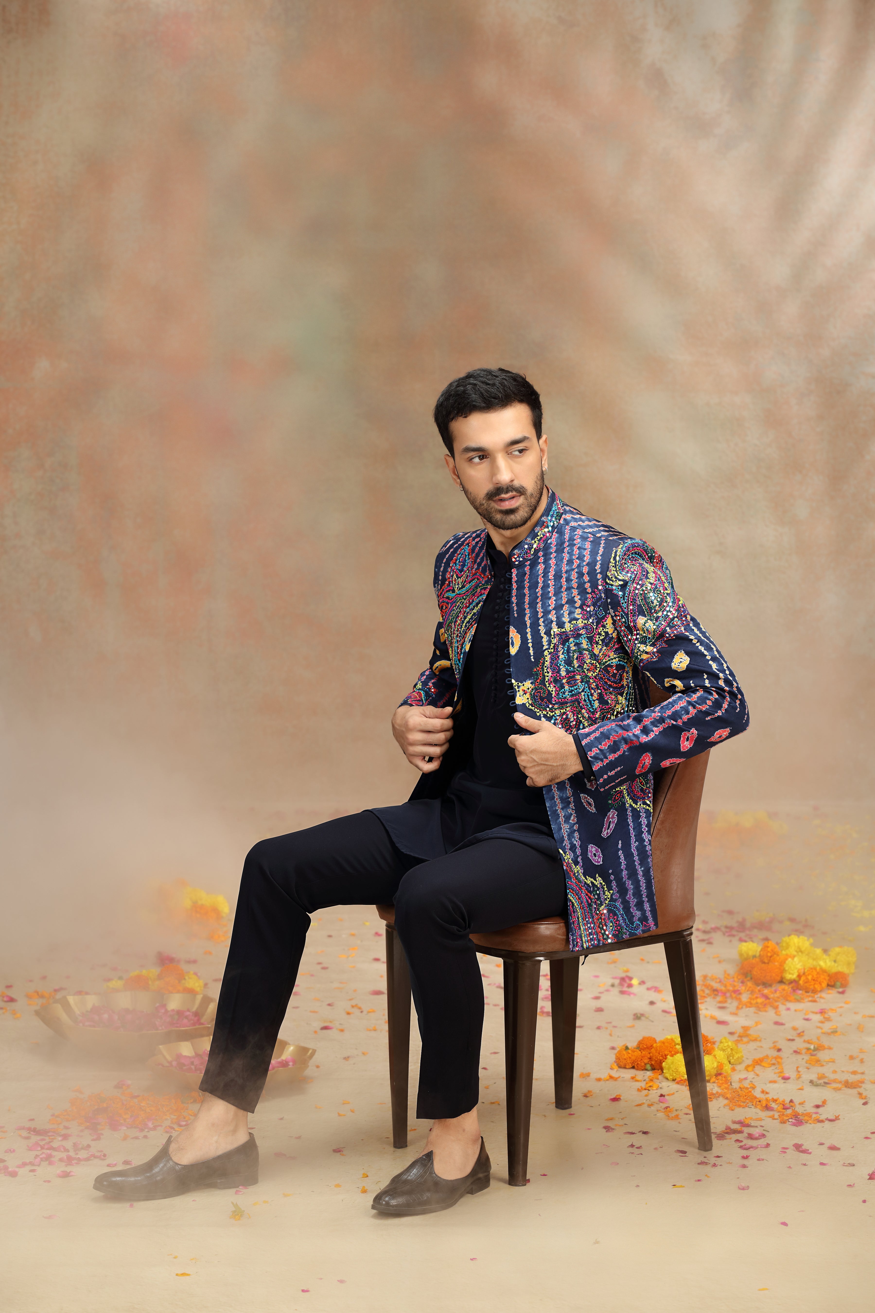 Navy Blue Indo Set with Print Work