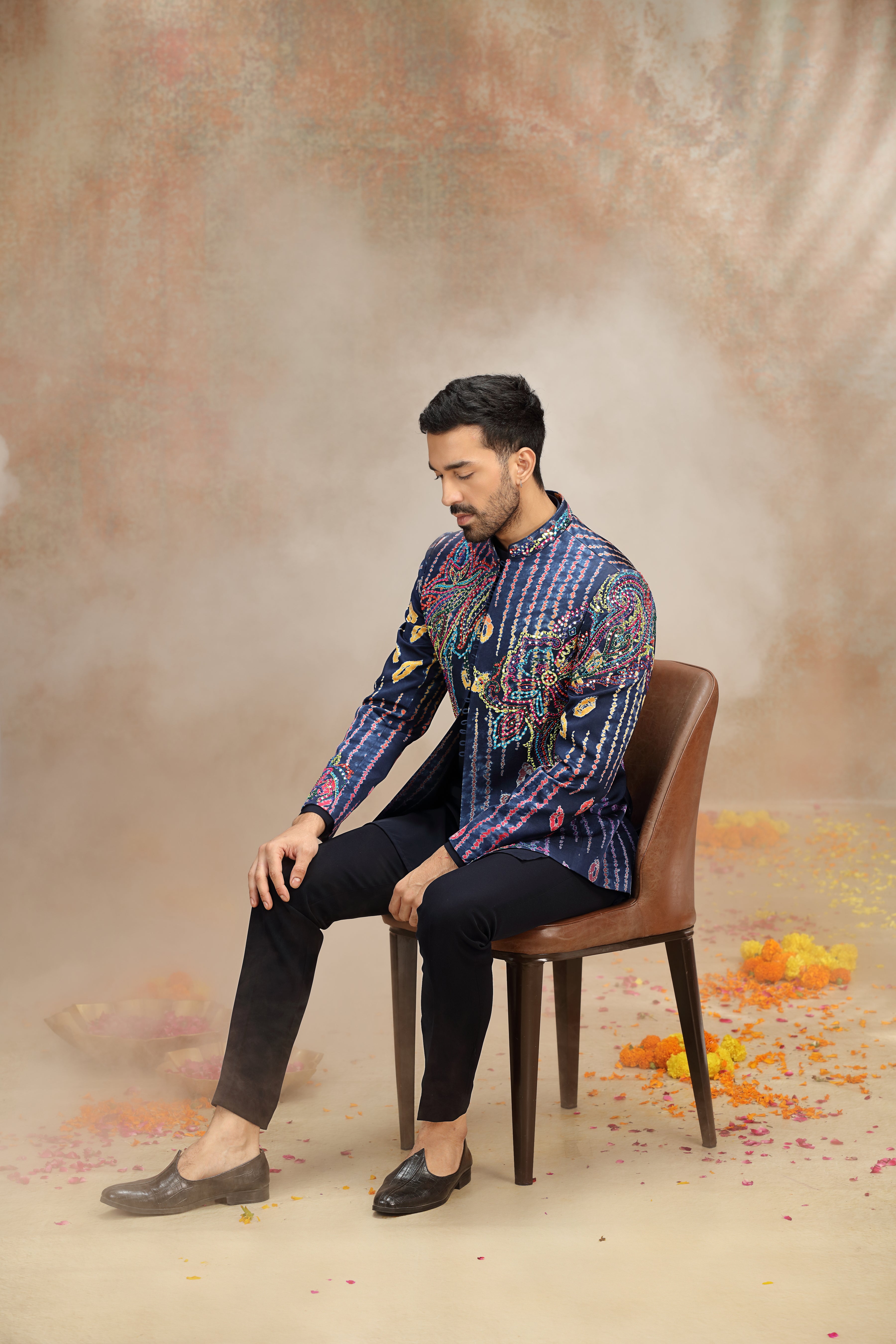 Navy Blue Indo Set with Print Work