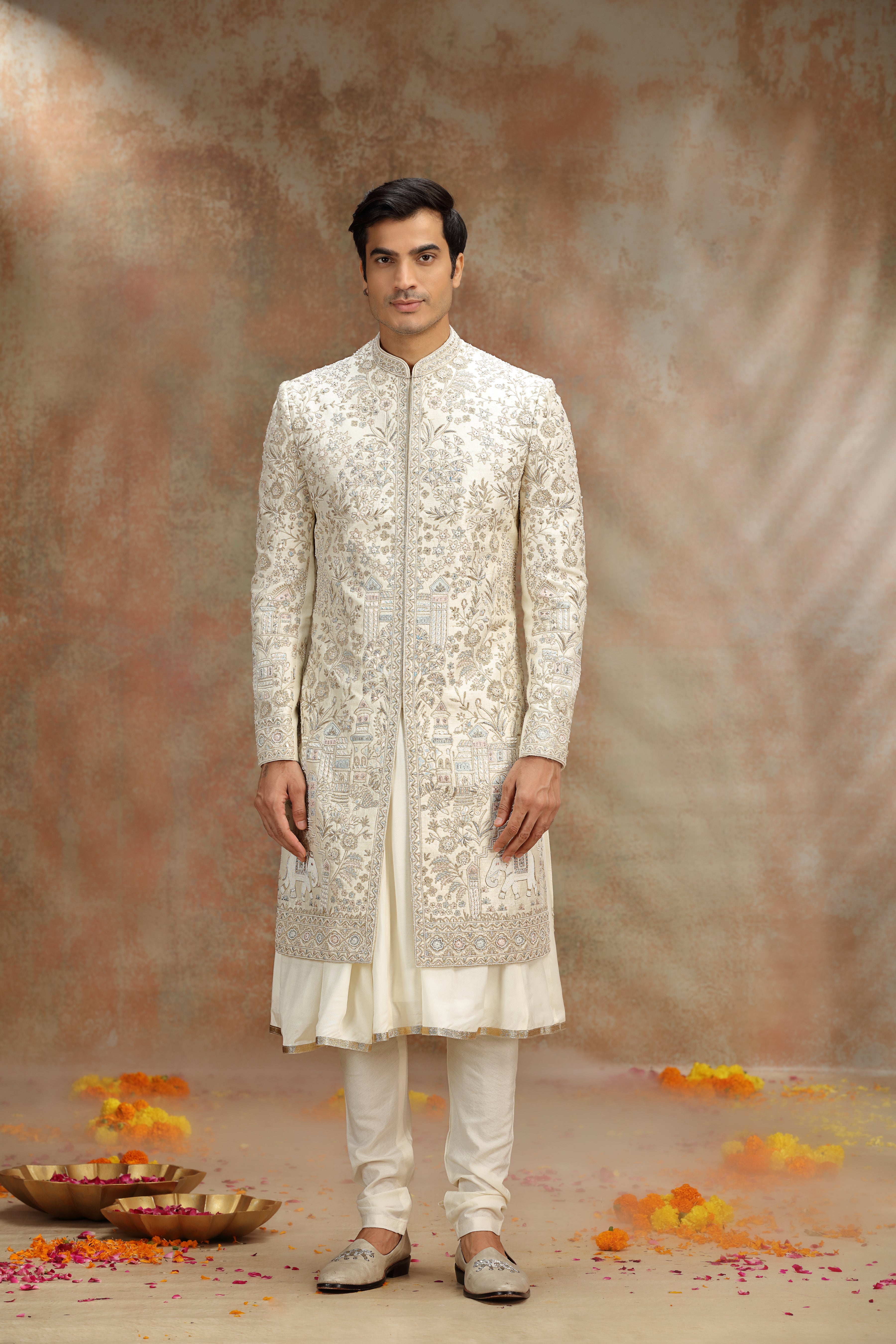 Off White Silk Sherwani with Resham Zardosi Work