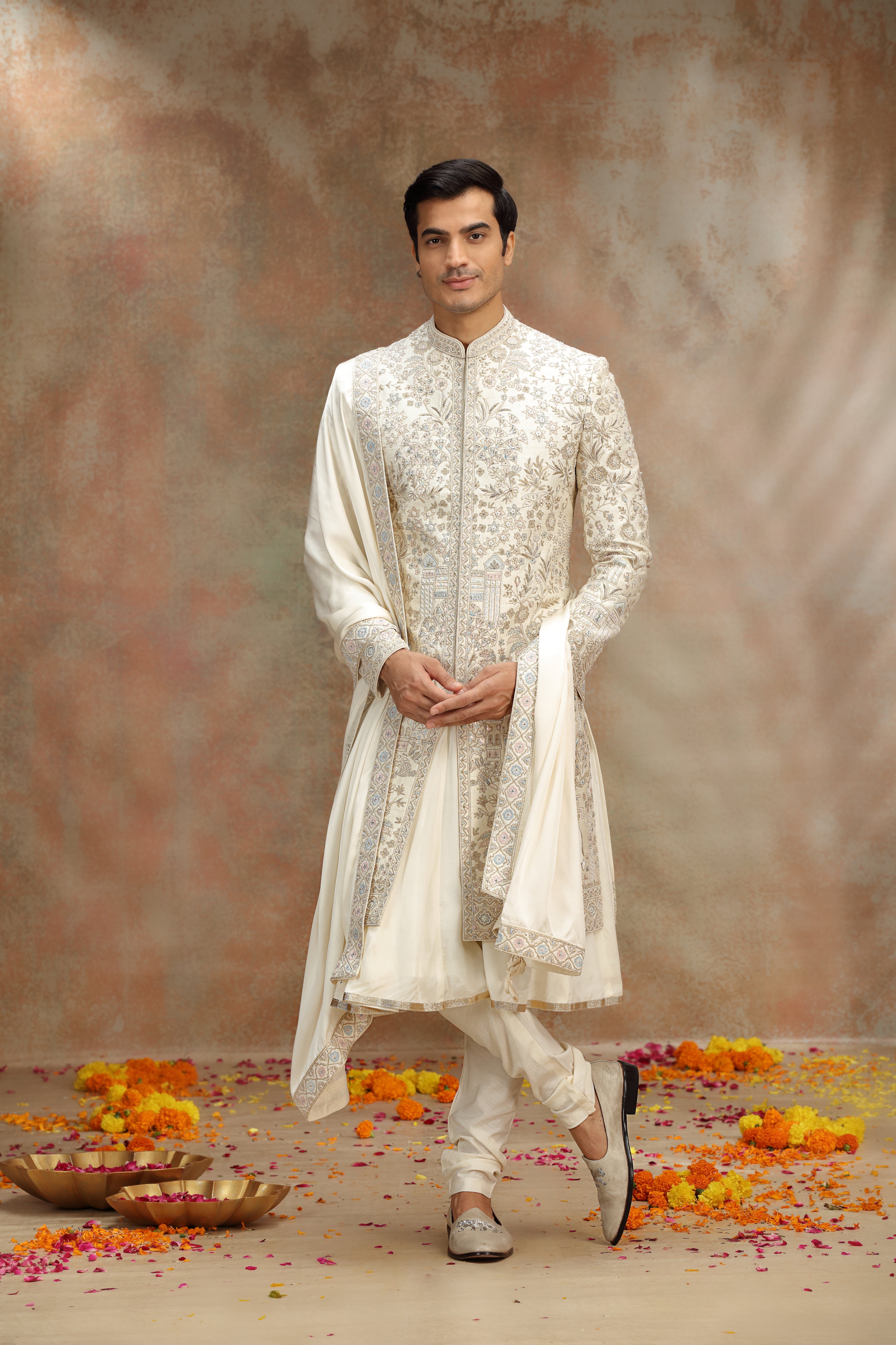 Off White Silk Sherwani with Resham Zardosi Work