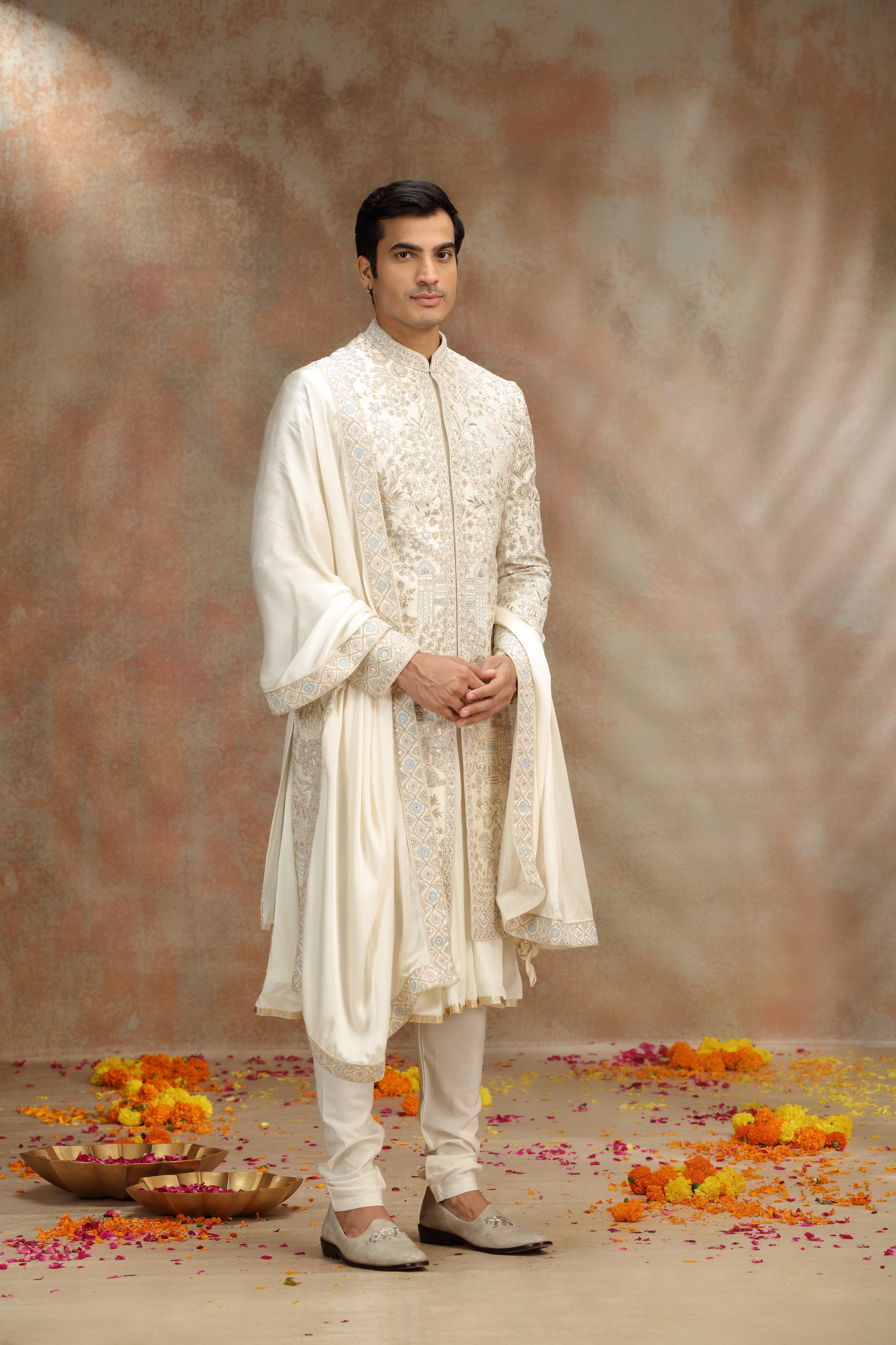 Off White Silk Sherwani with Resham Zardosi Work