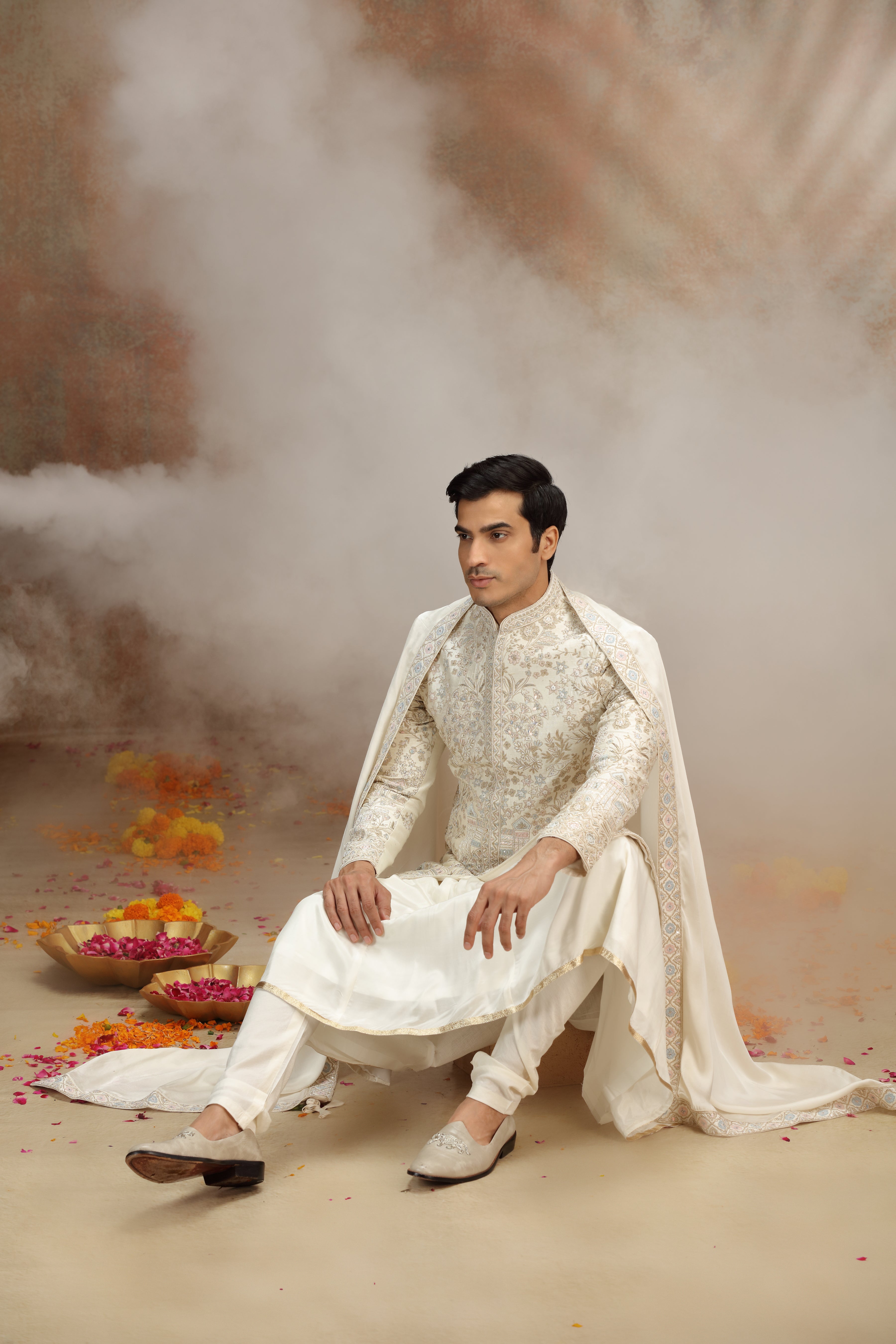 Off White Silk Sherwani with Resham Zardosi Work