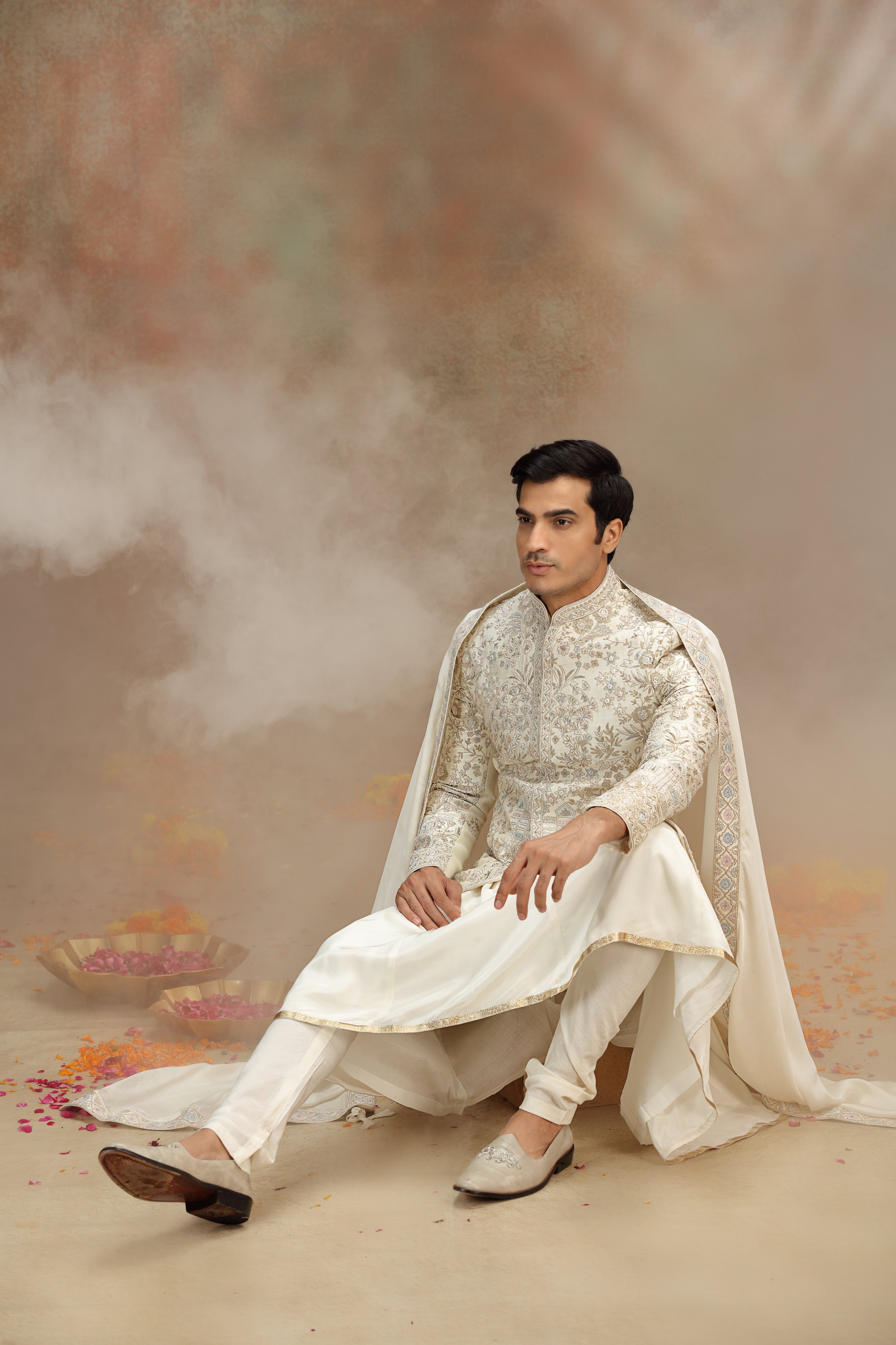 Off White Silk Sherwani with Resham Zardosi Work