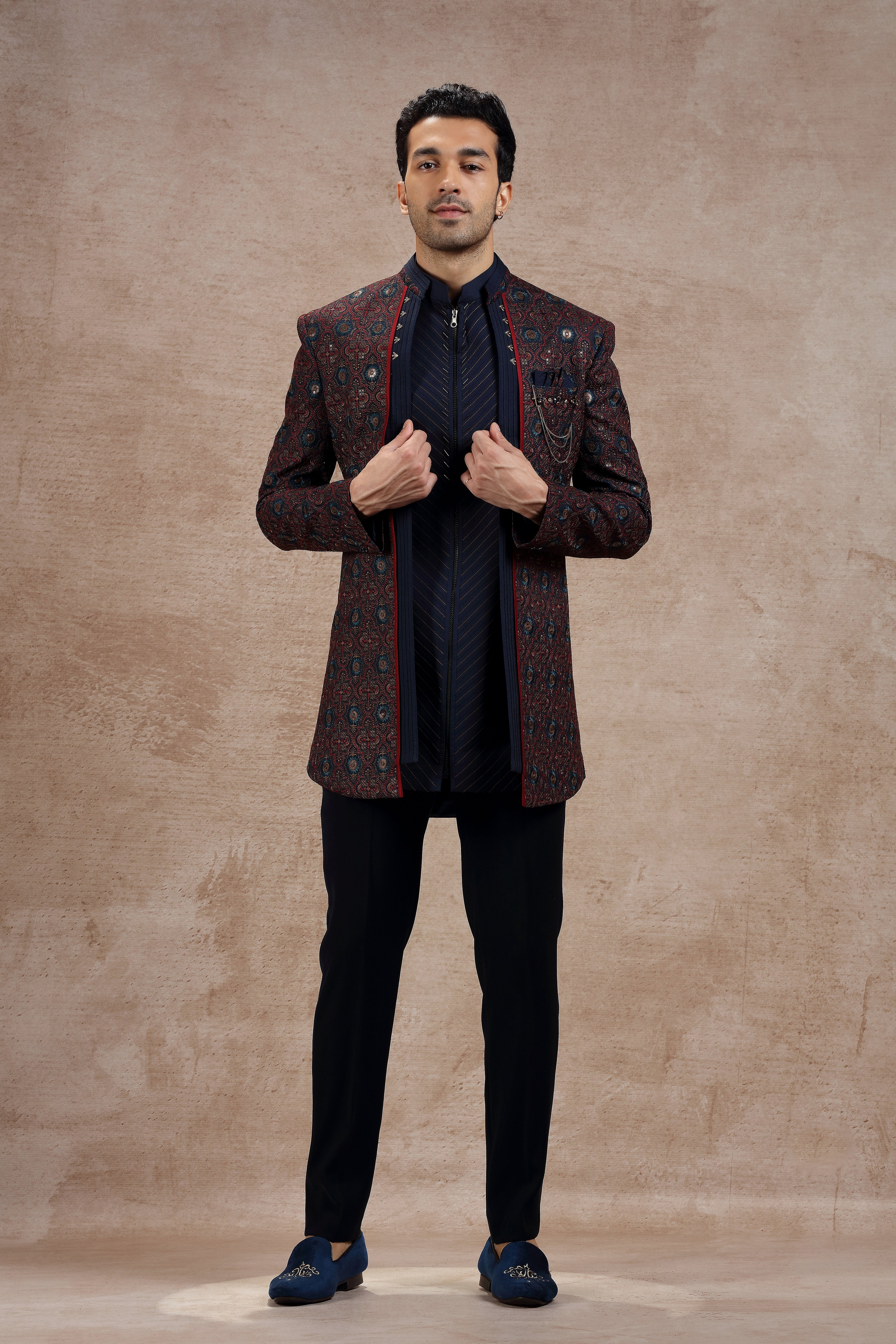 Maroon & Blue Silk Indowestern With Traditional Motifs - Shreeman