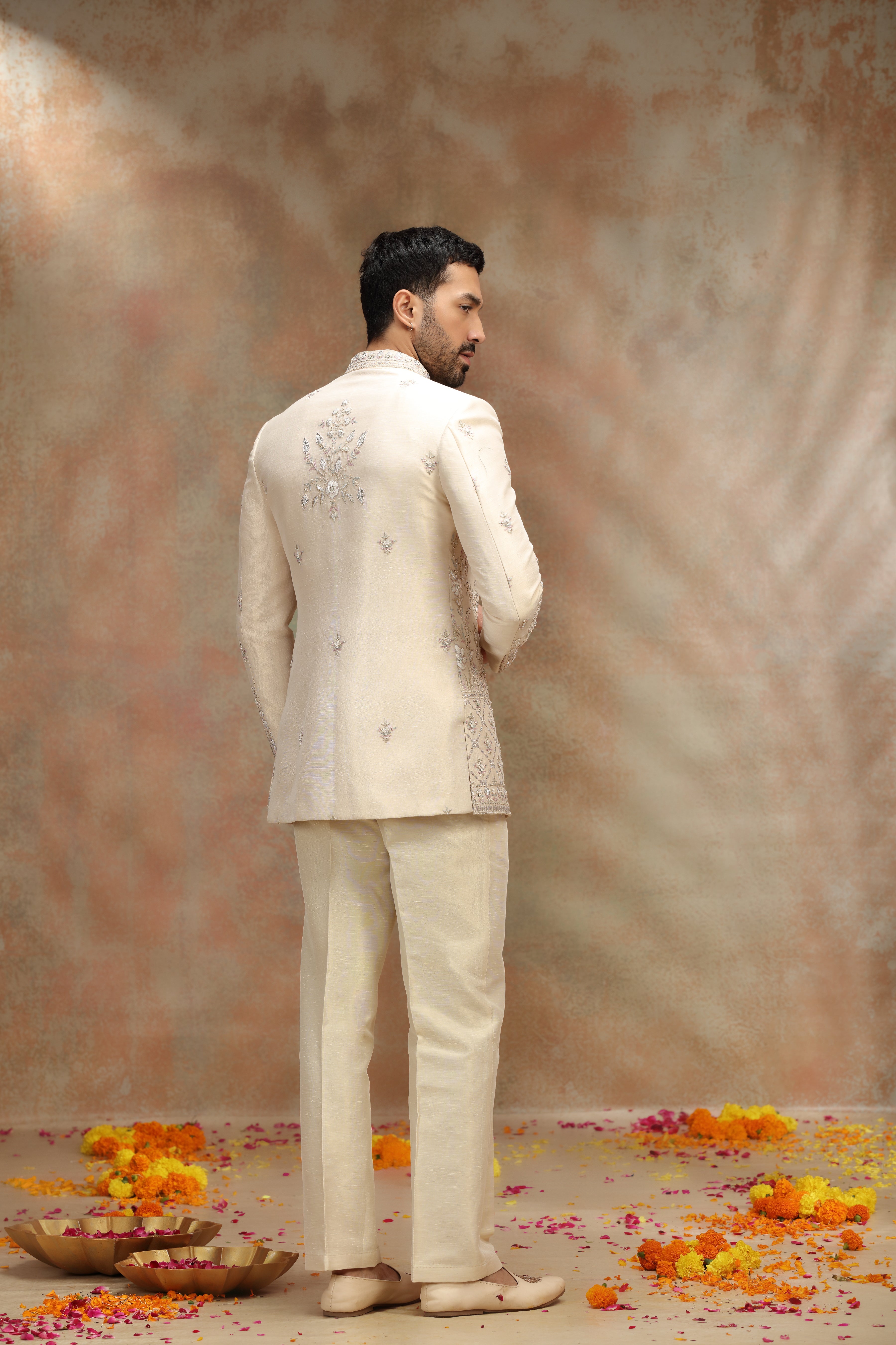 Cream Silk Indo Set with Resham Cutdana Work