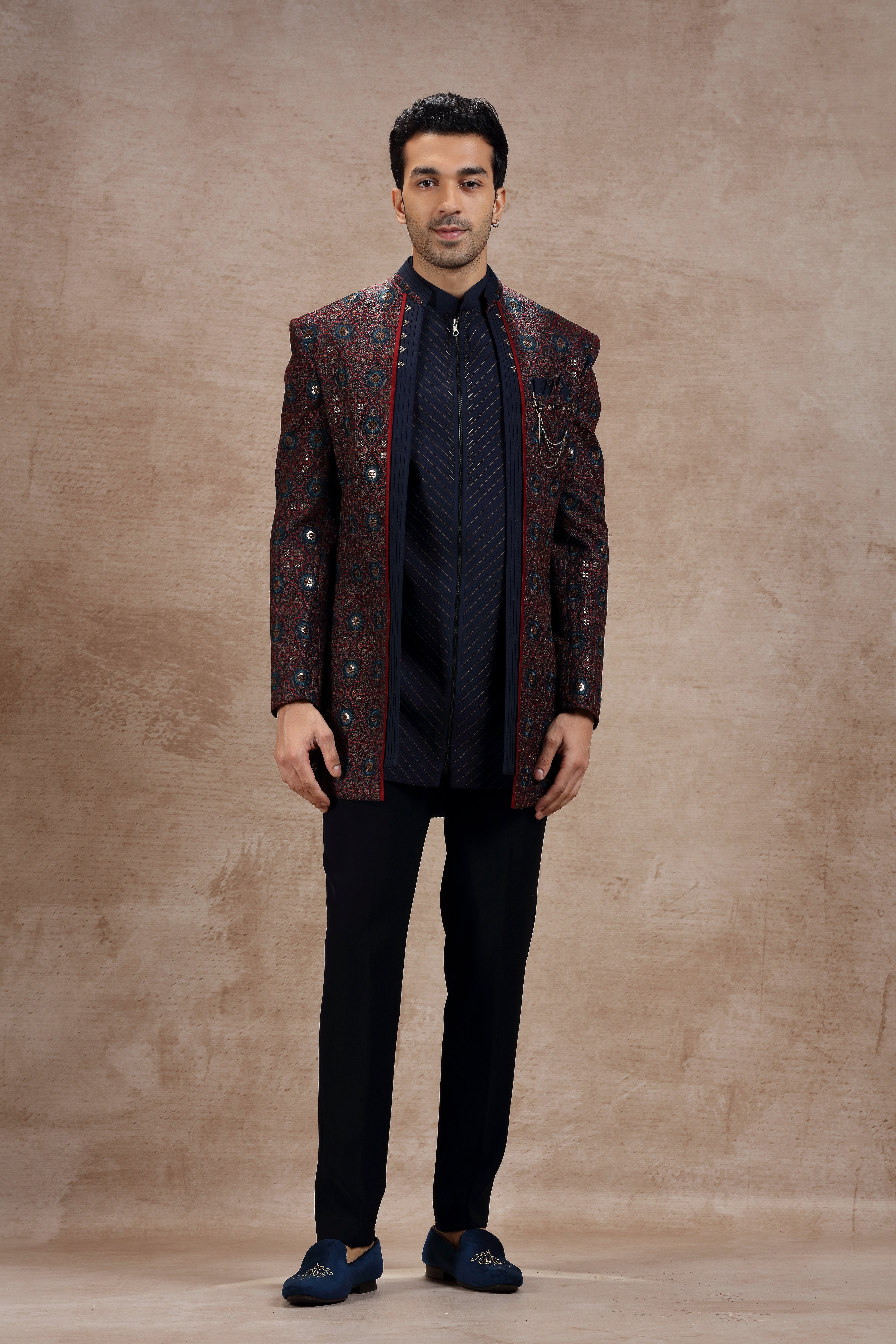 Maroon & Blue Silk Indowestern With Traditional Motifs - Shreeman