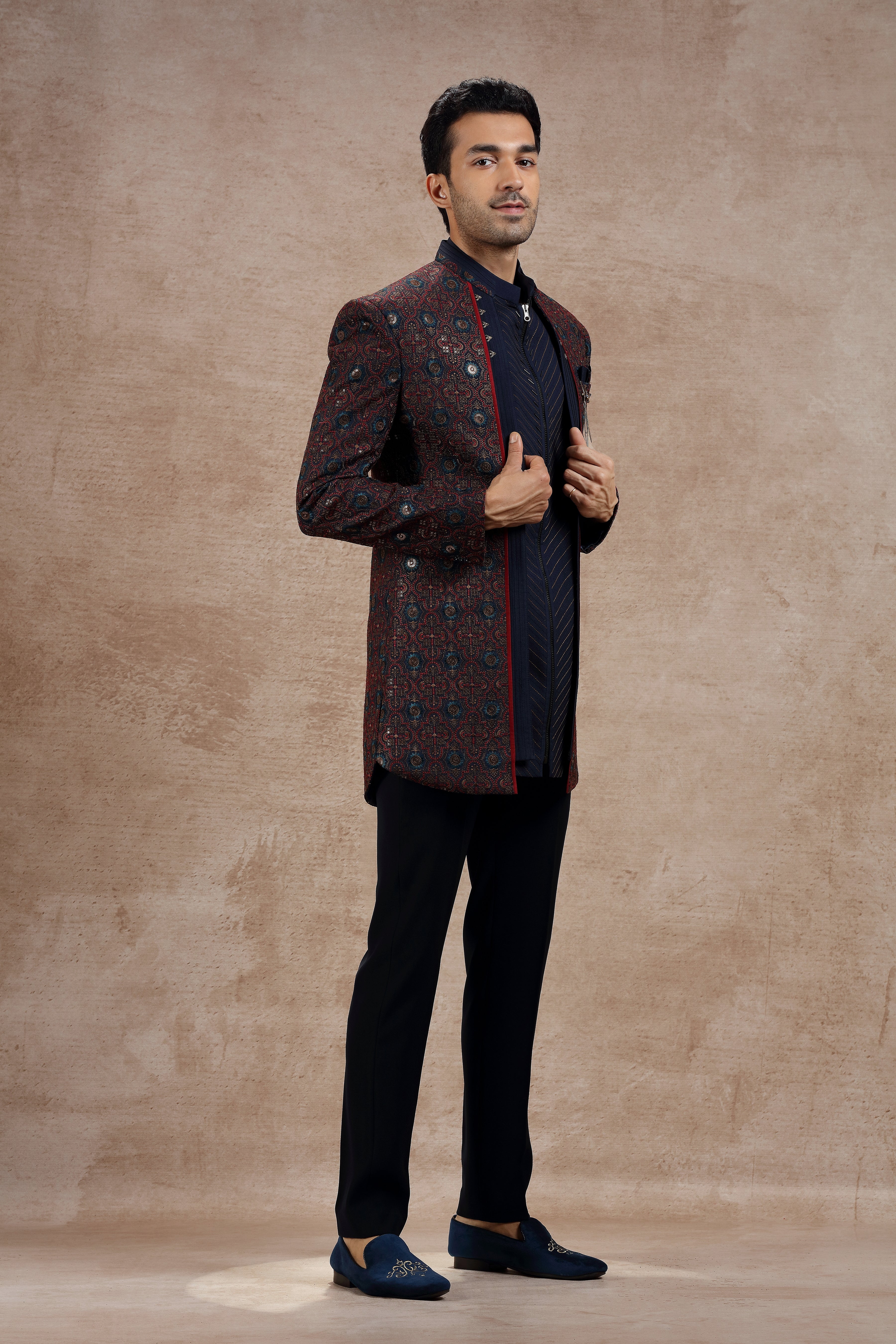 Maroon & Blue Silk Indowestern With Traditional Motifs - Shreeman