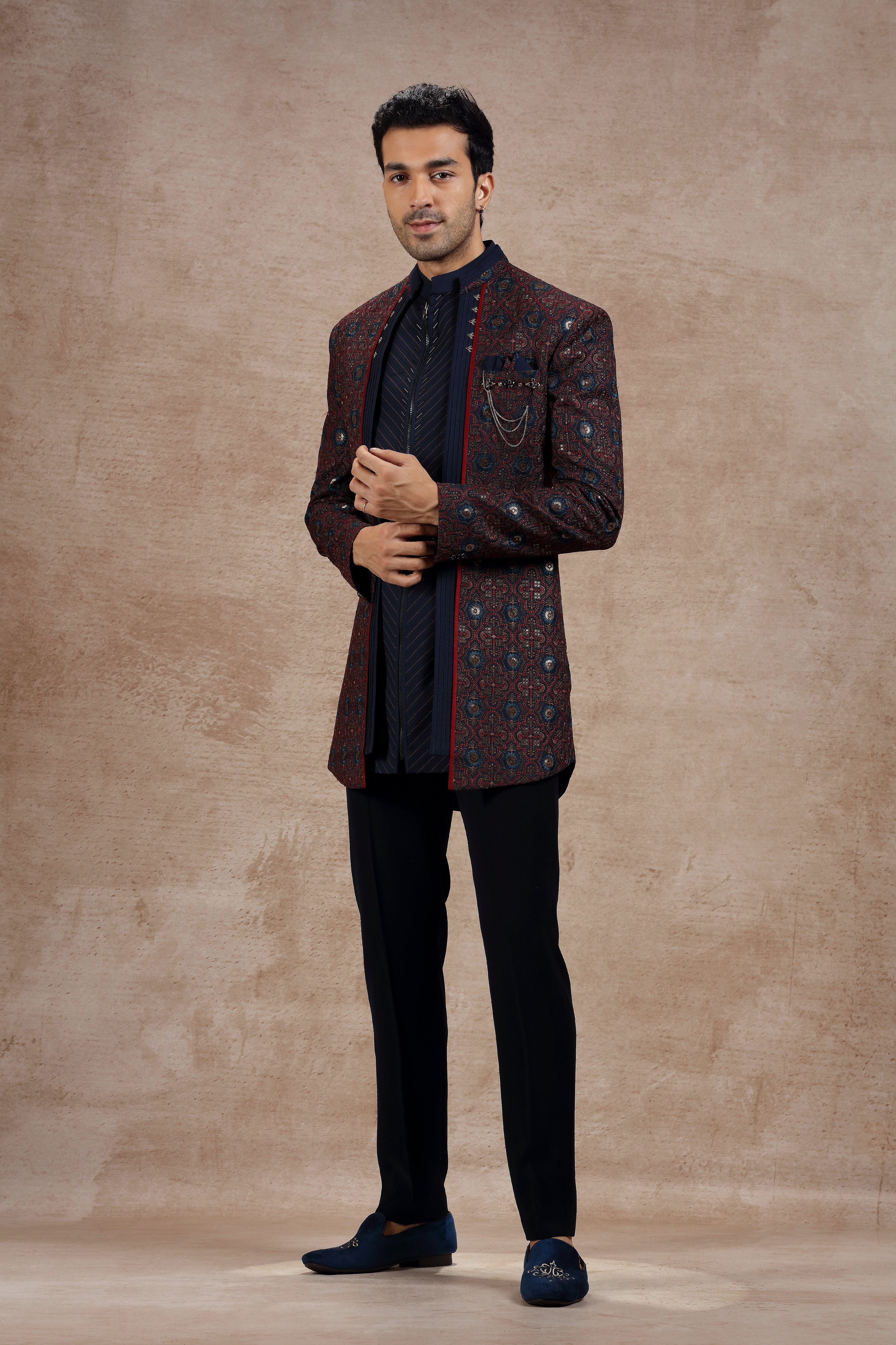Maroon & Blue Silk Indowestern With Traditional Motifs - Shreeman