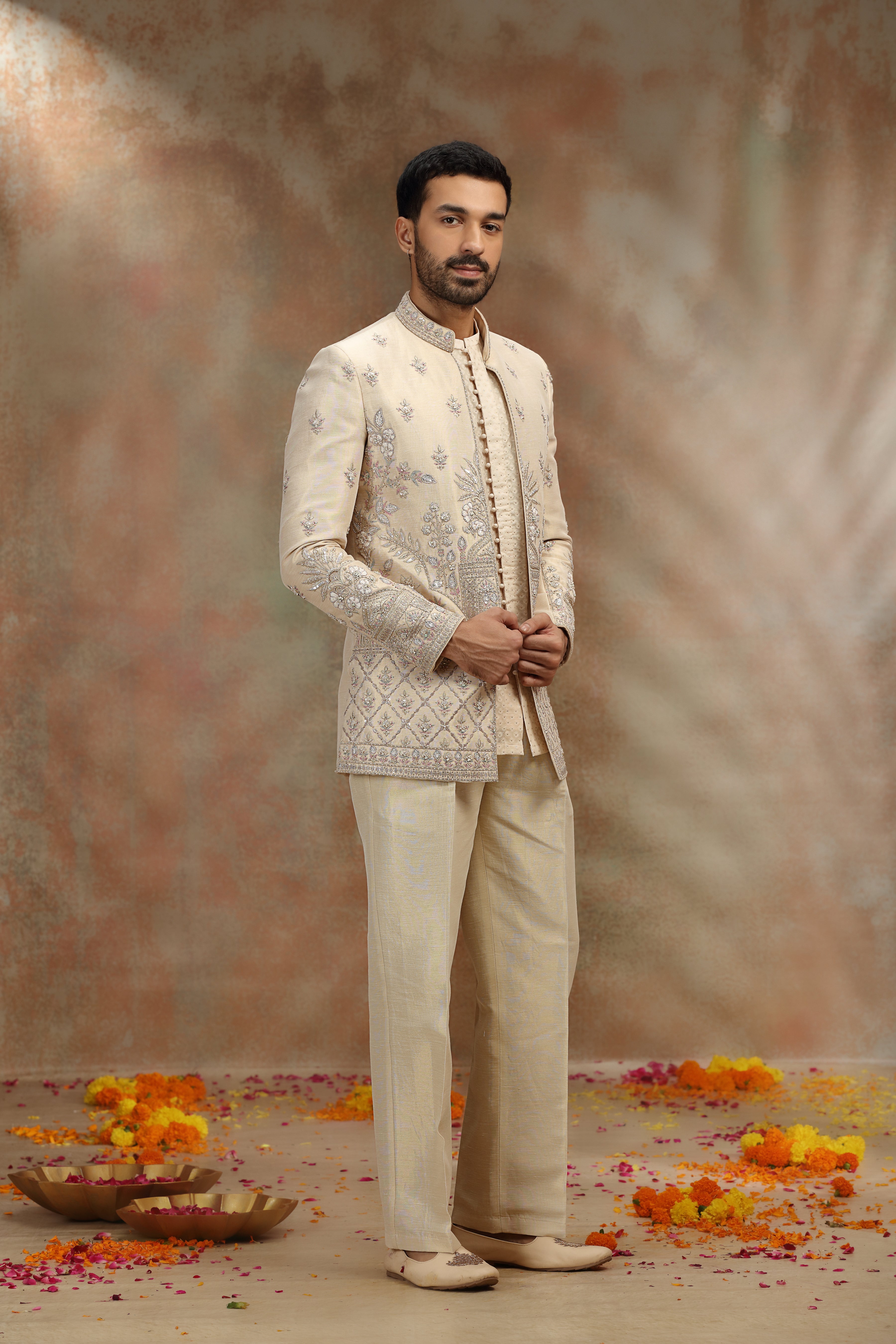 Cream Silk Indo Set with Resham Cutdana Work