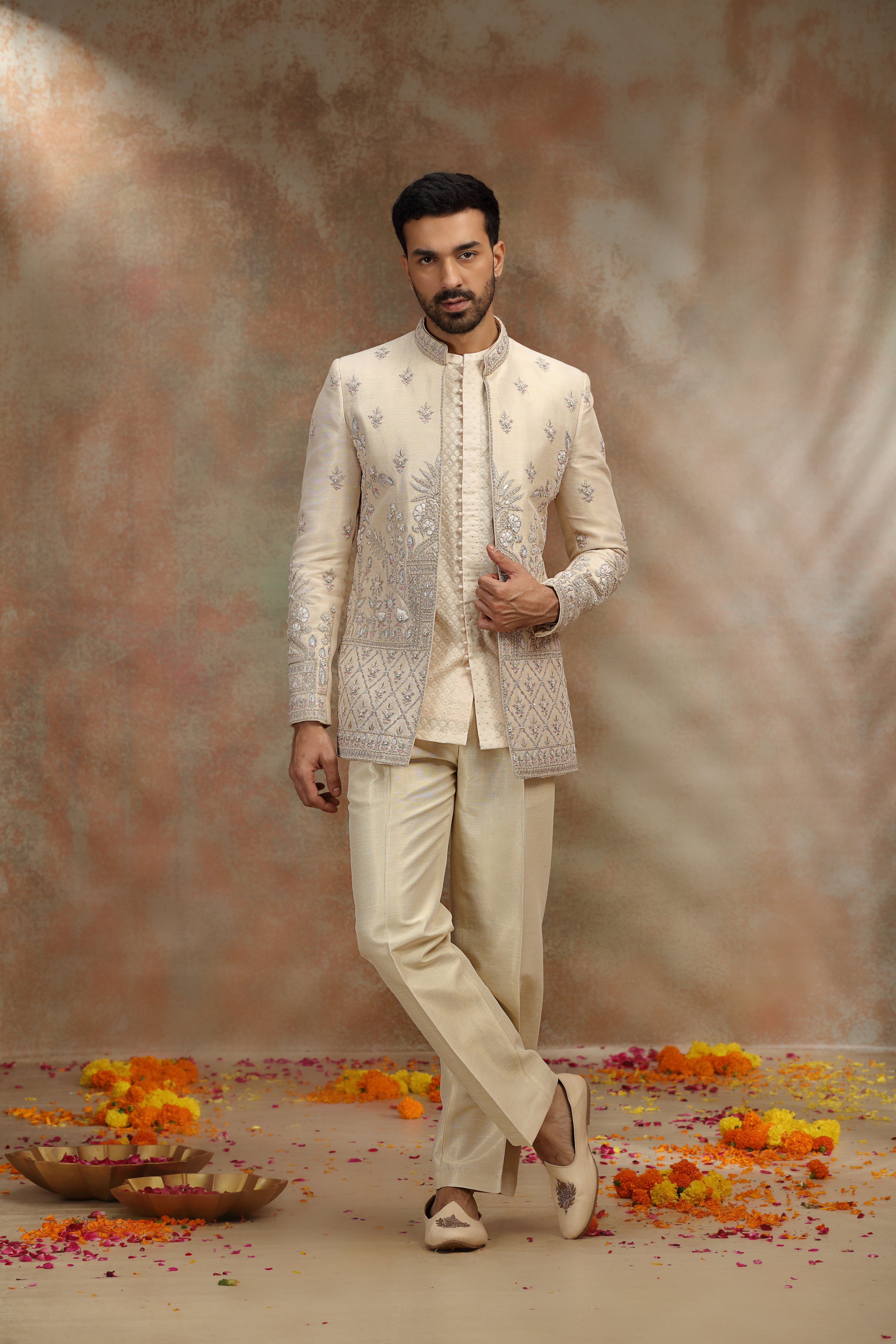Cream Silk Indo Set with Resham Cutdana Work