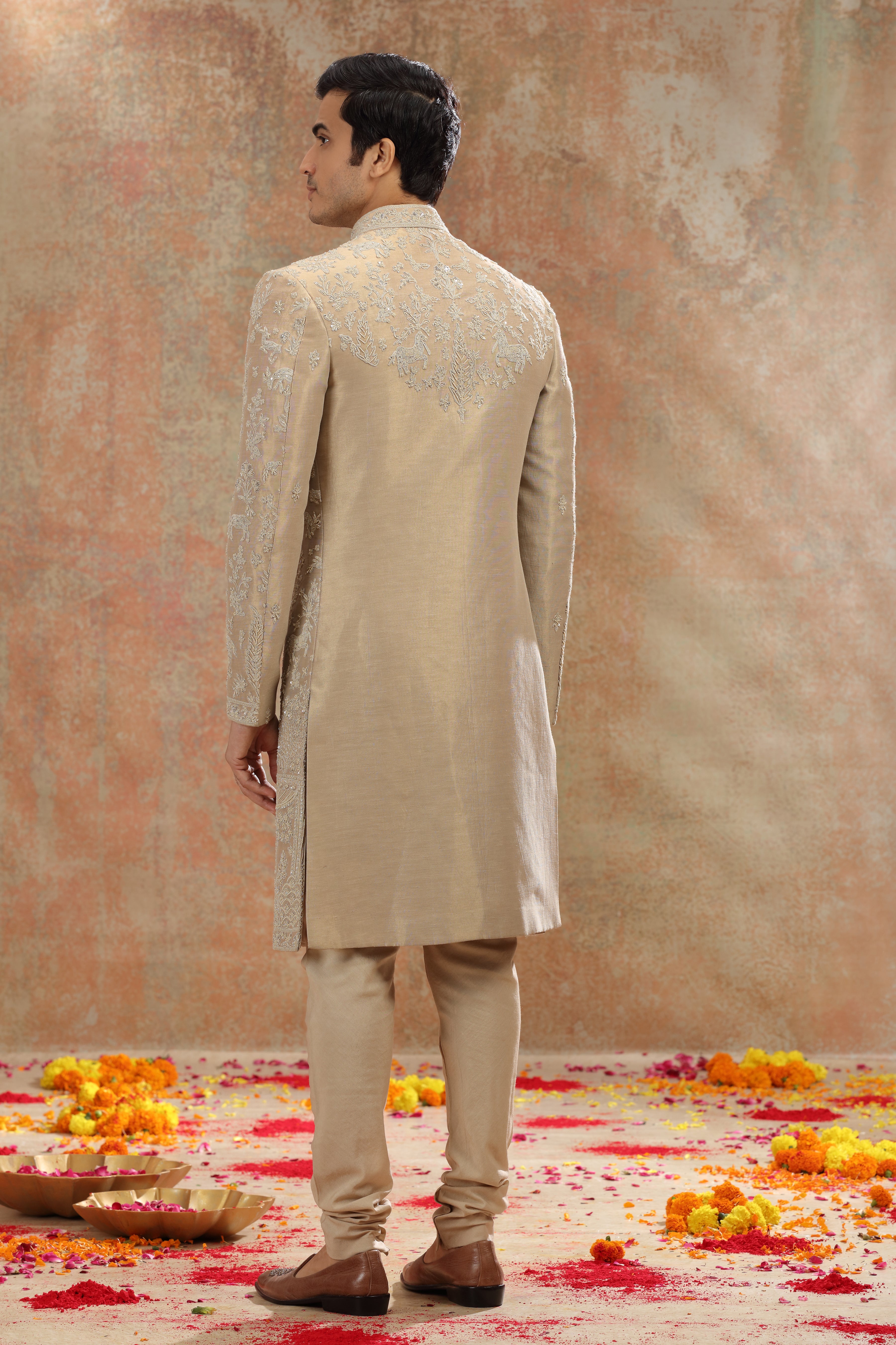 Golden Silk Tissue Sherwani with Sequins Beads Work