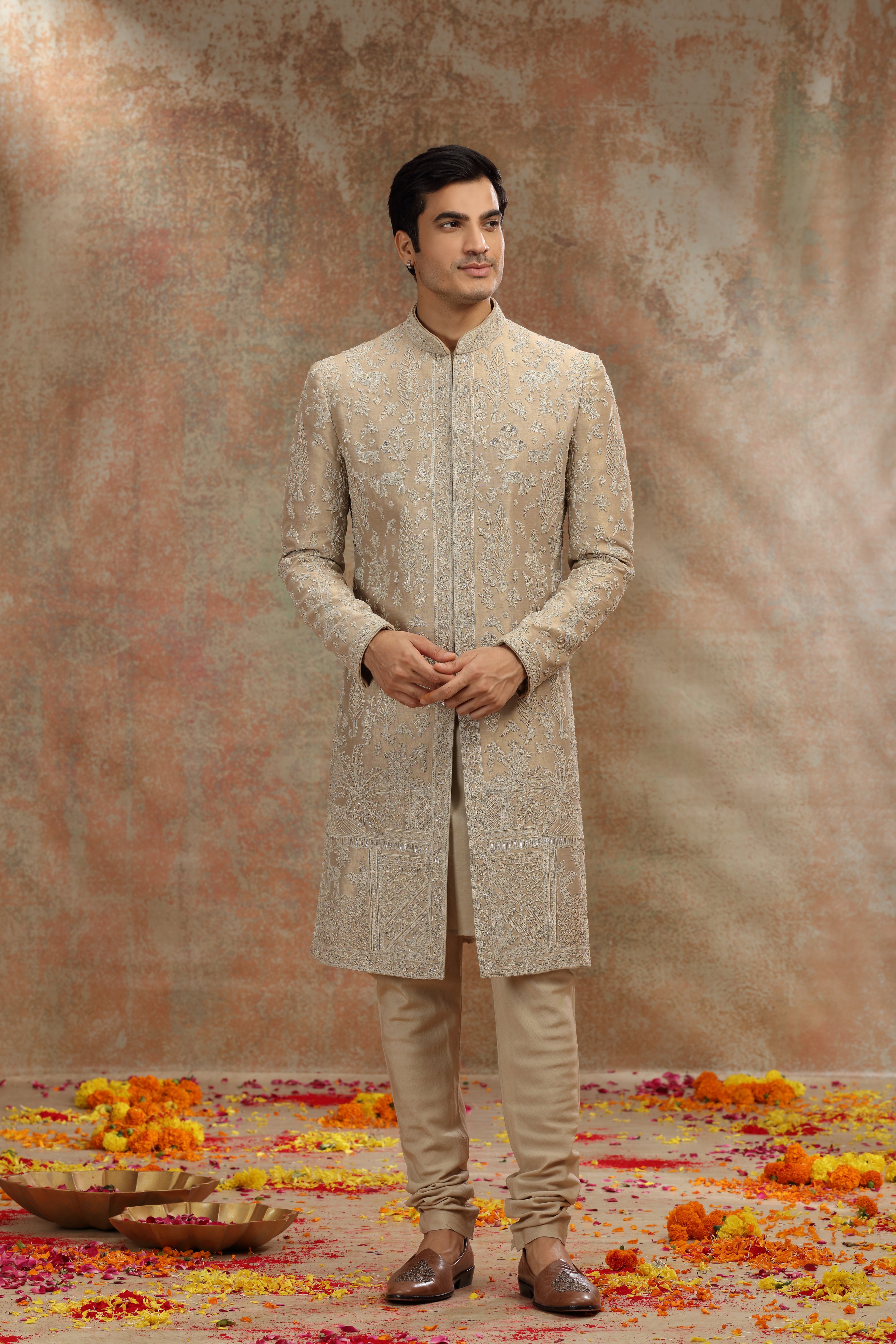 Golden Silk Tissue Sherwani with Sequins Beads Work