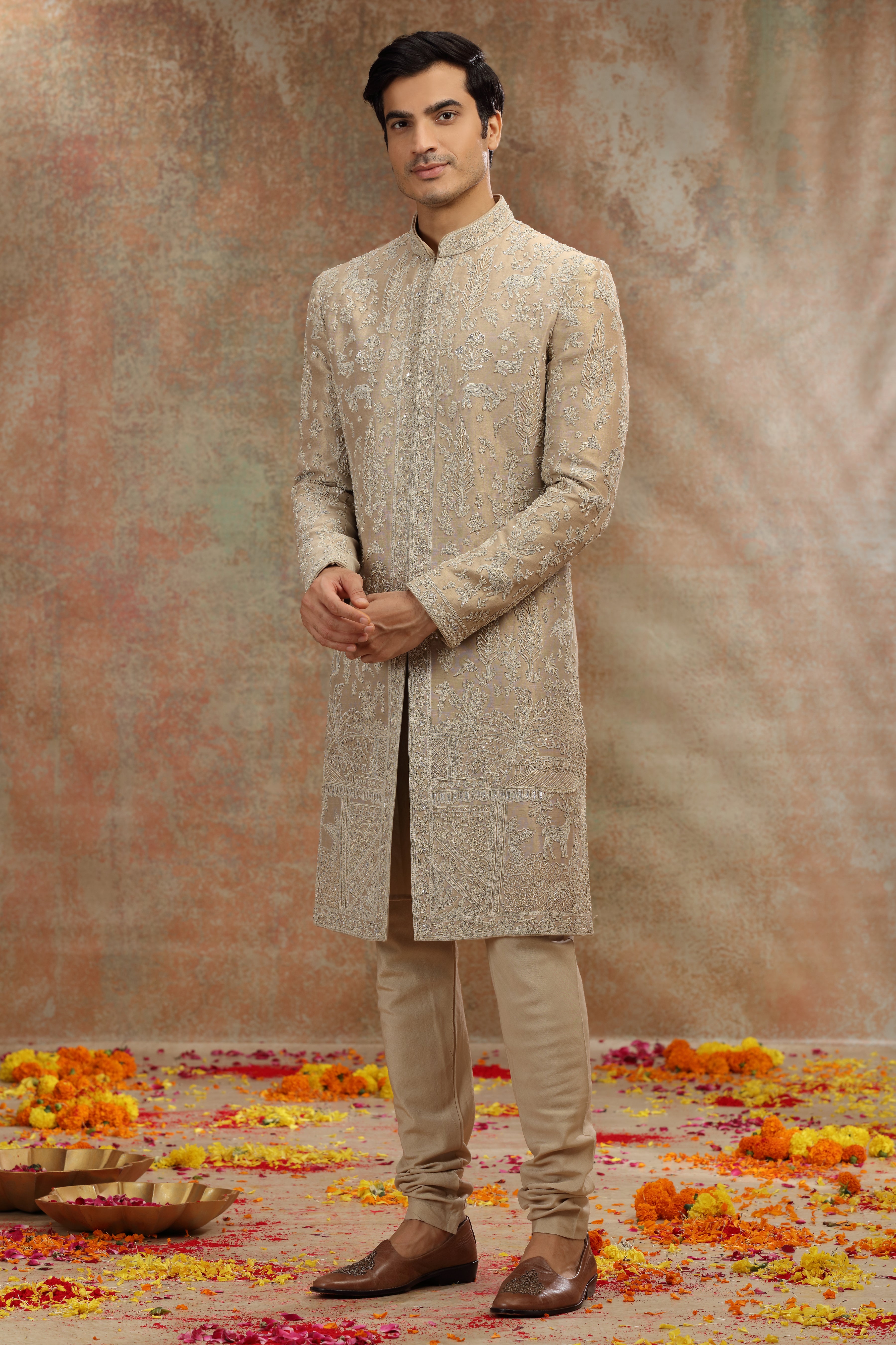 Golden Silk Tissue Sherwani with Sequins Beads Work
