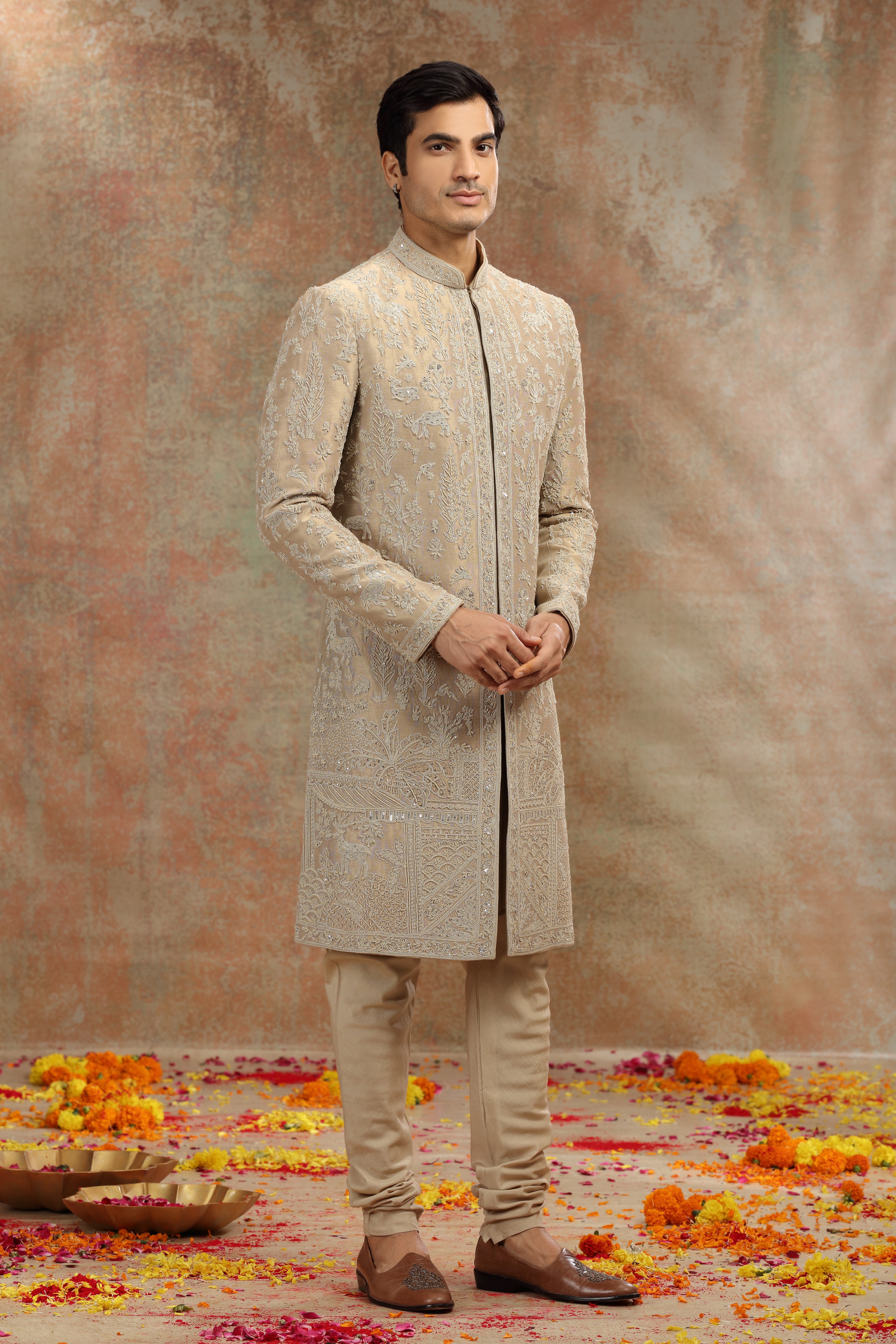 Golden Silk Tissue Sherwani with Sequins Beads Work