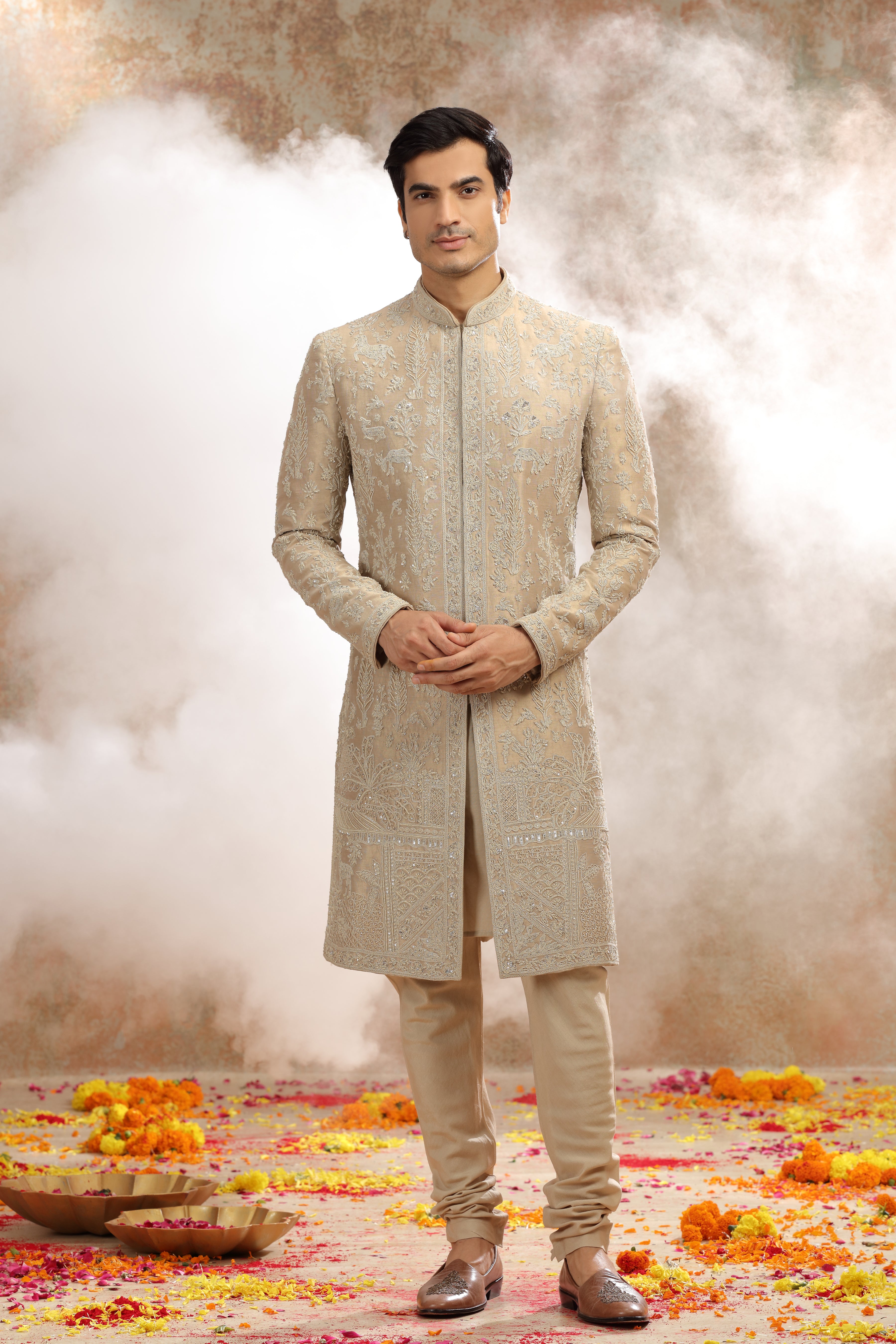 Golden Silk Tissue Sherwani with Sequins Beads Work
