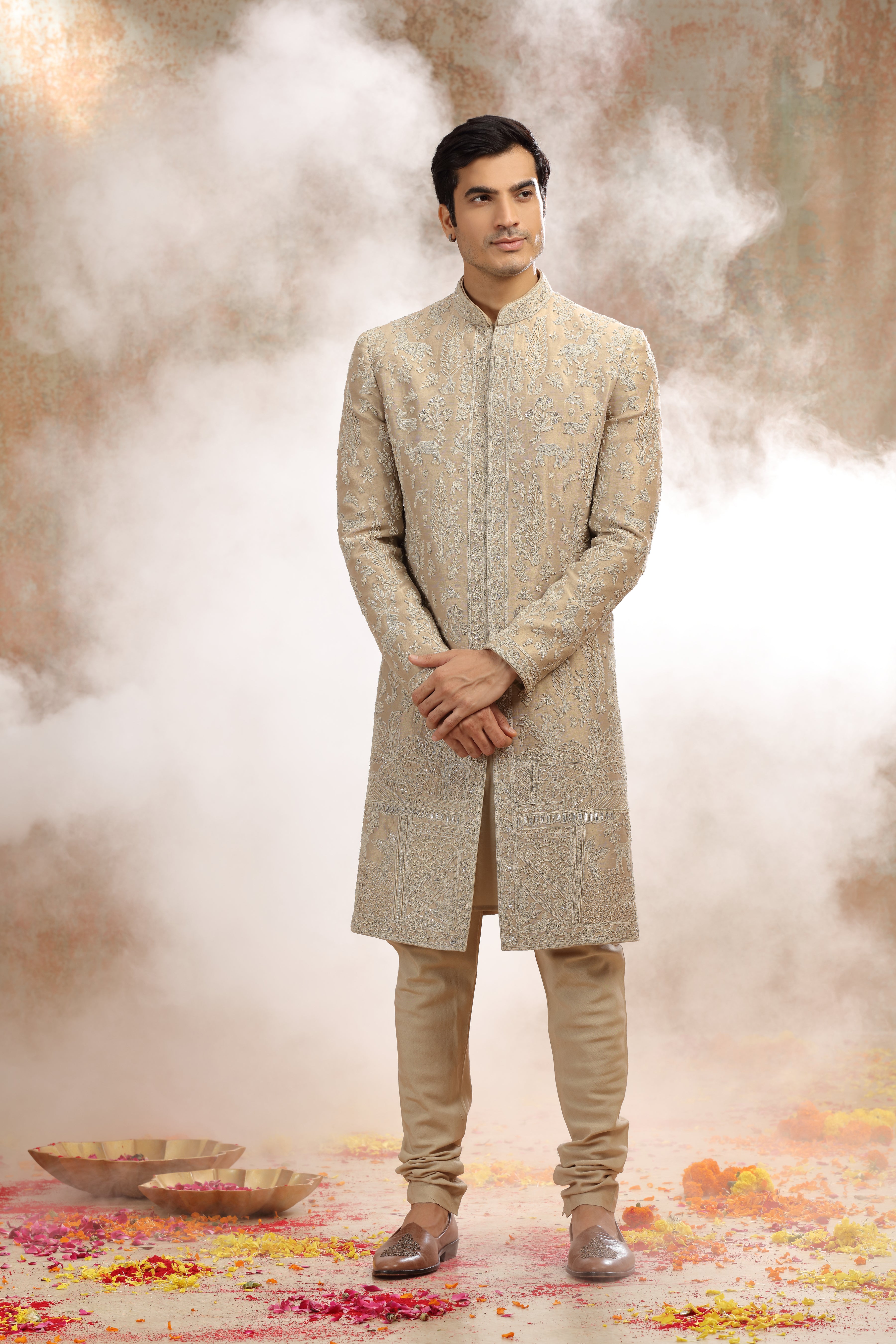 Golden Silk Tissue Sherwani with Sequins Beads Work