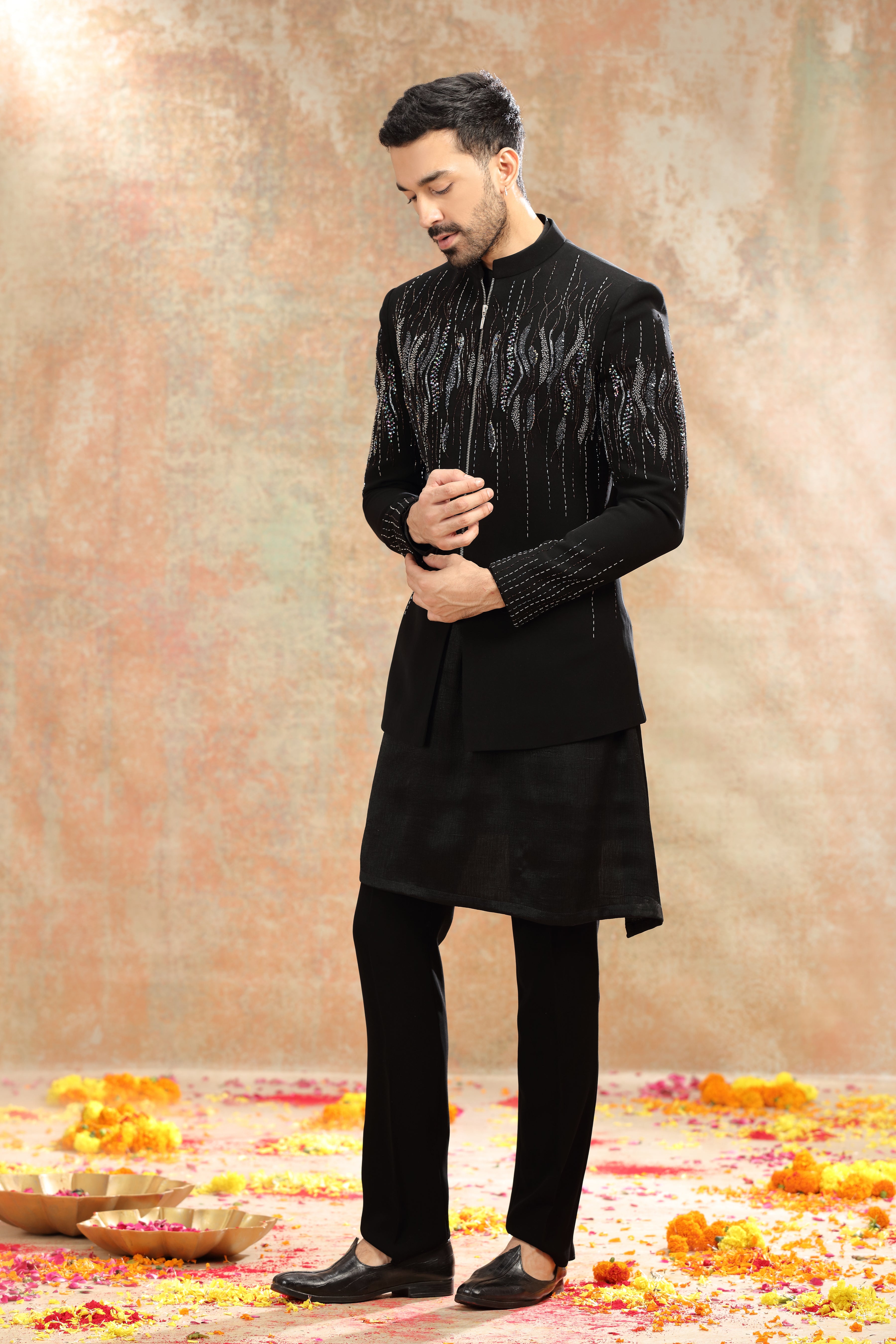 Black Suiting Indo Set with Cutdana & Sequins