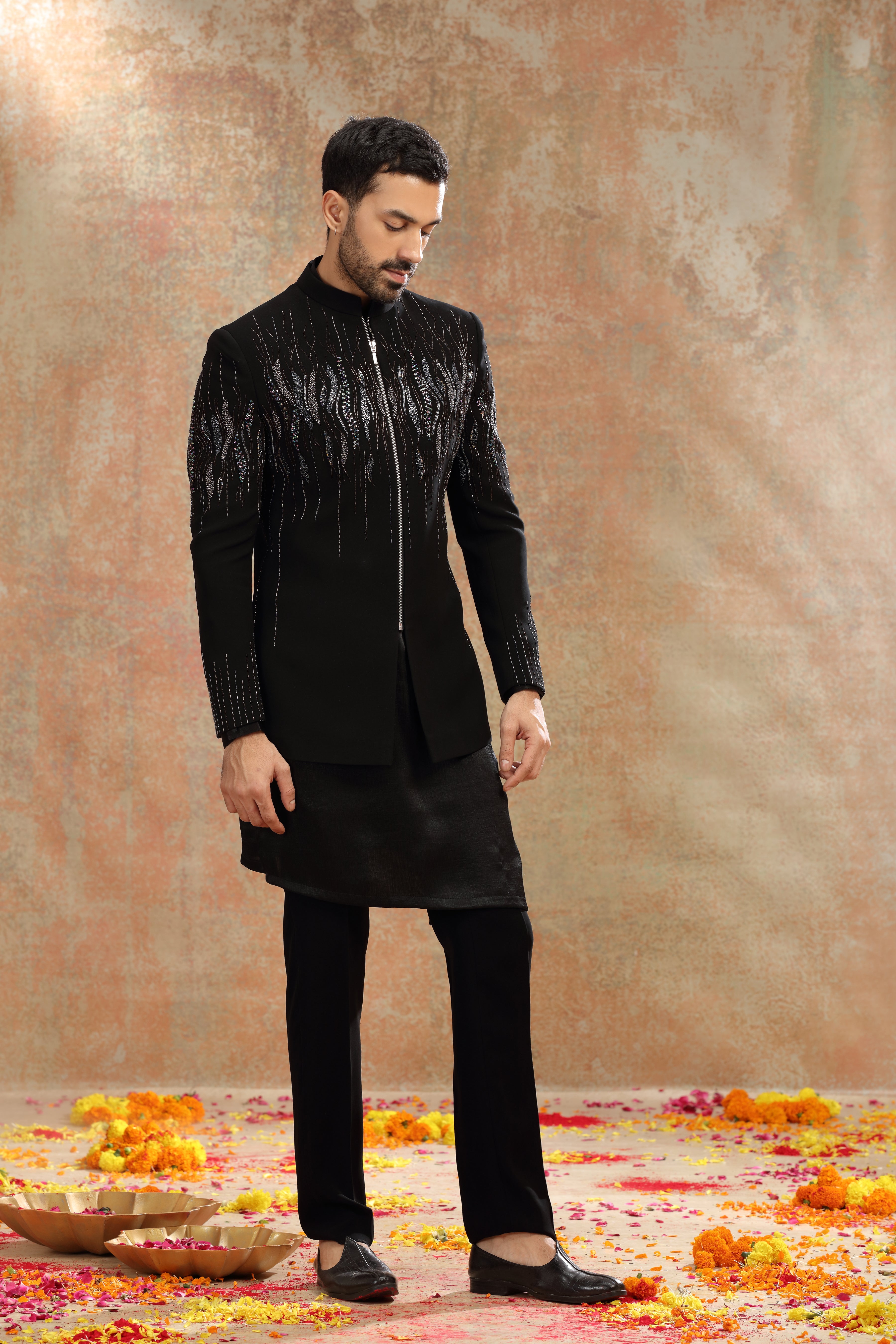 Black Suiting Indo Set with Cutdana & Sequins