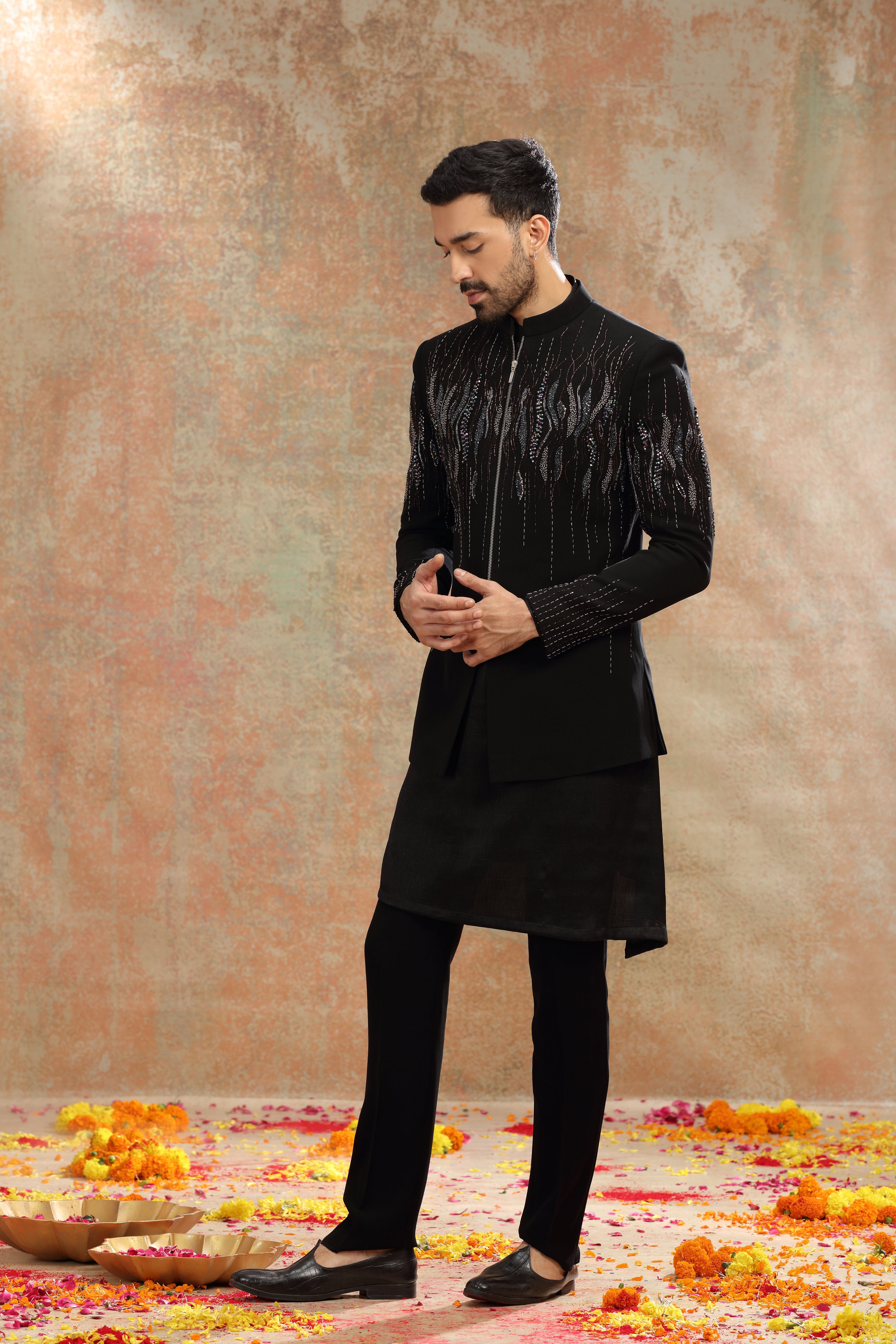 Black Suiting Indo Set with Cutdana & Sequins