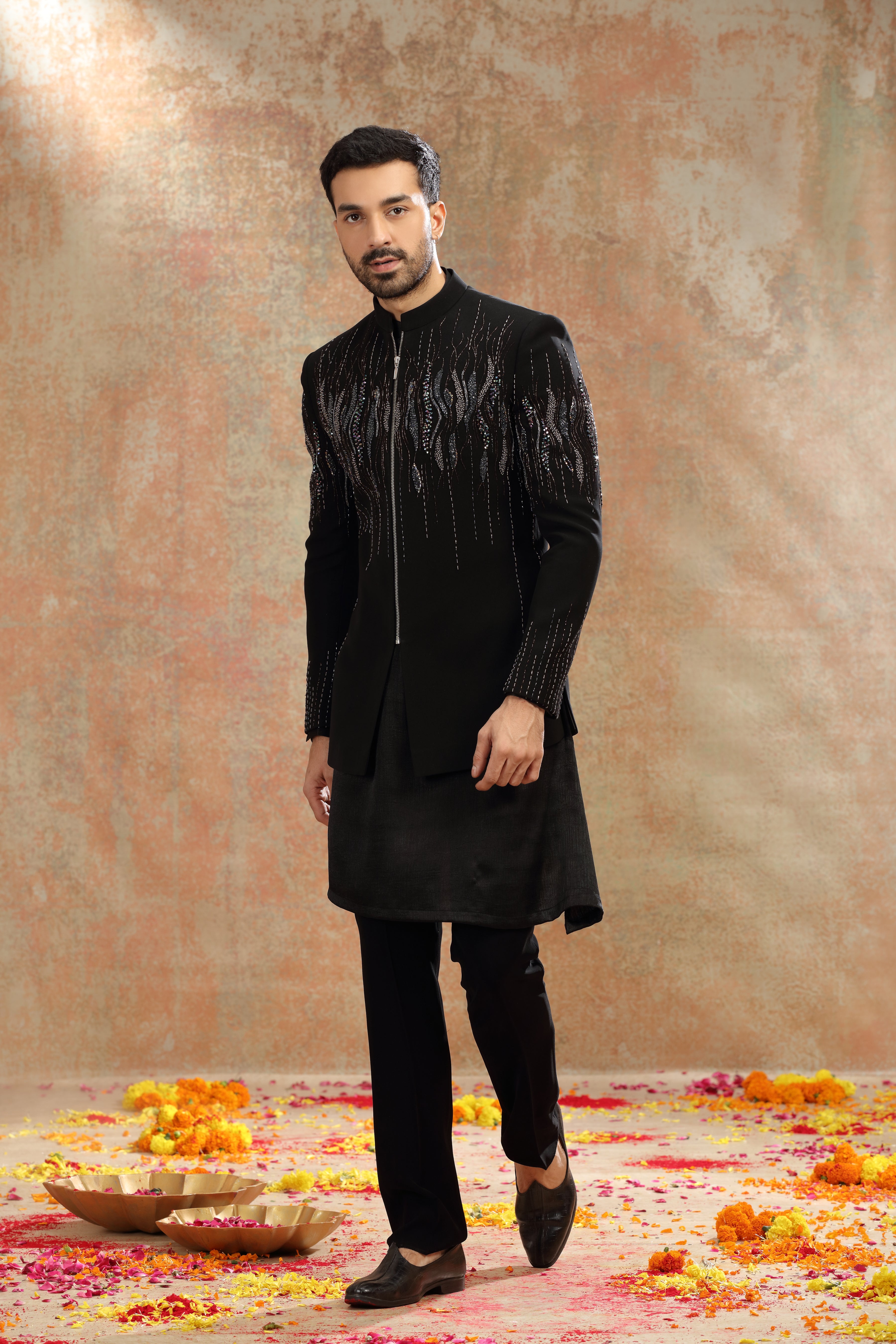 Black Suiting Indo Set with Cutdana & Sequins