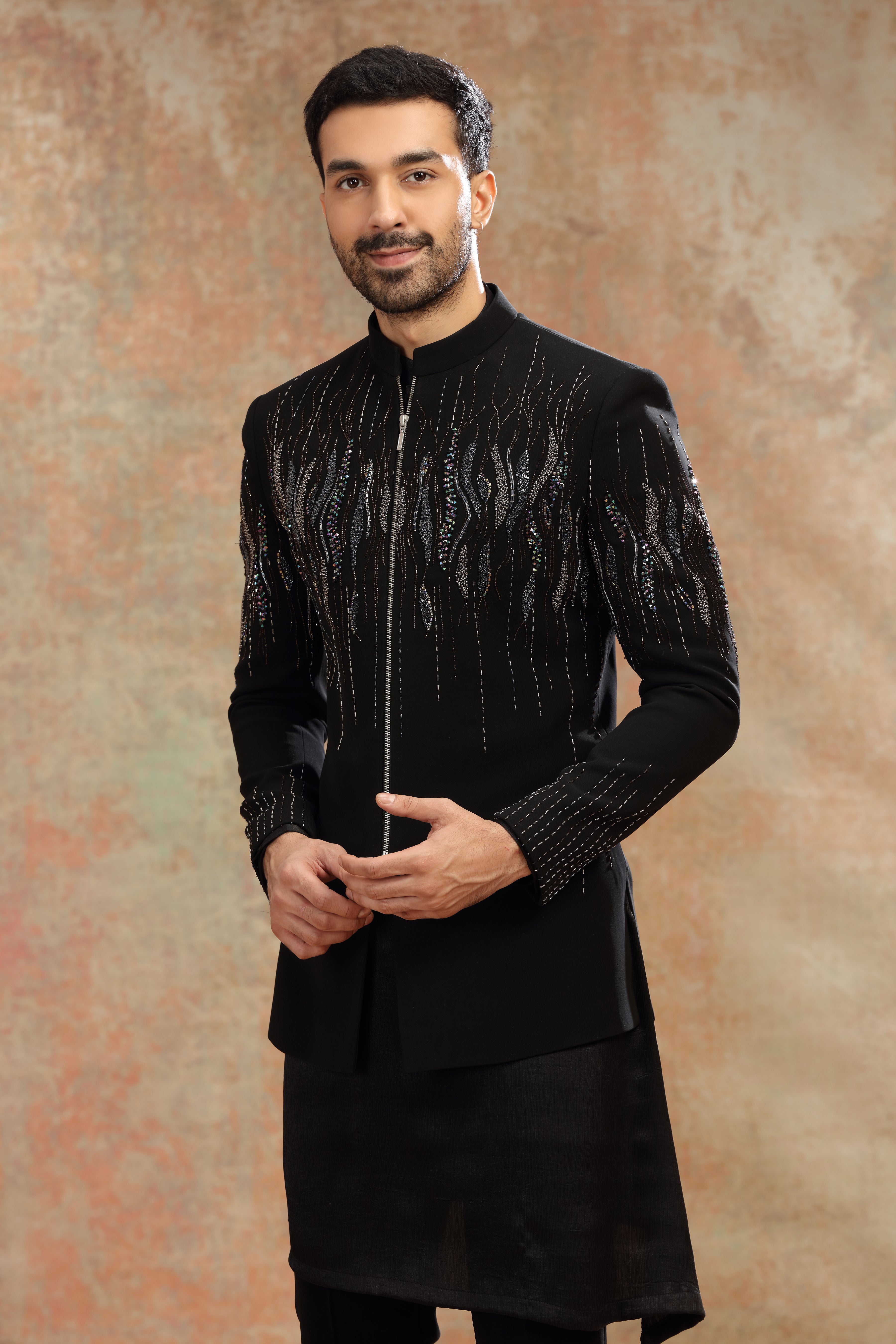 Black Suiting Indo Set with Cutdana & Sequins