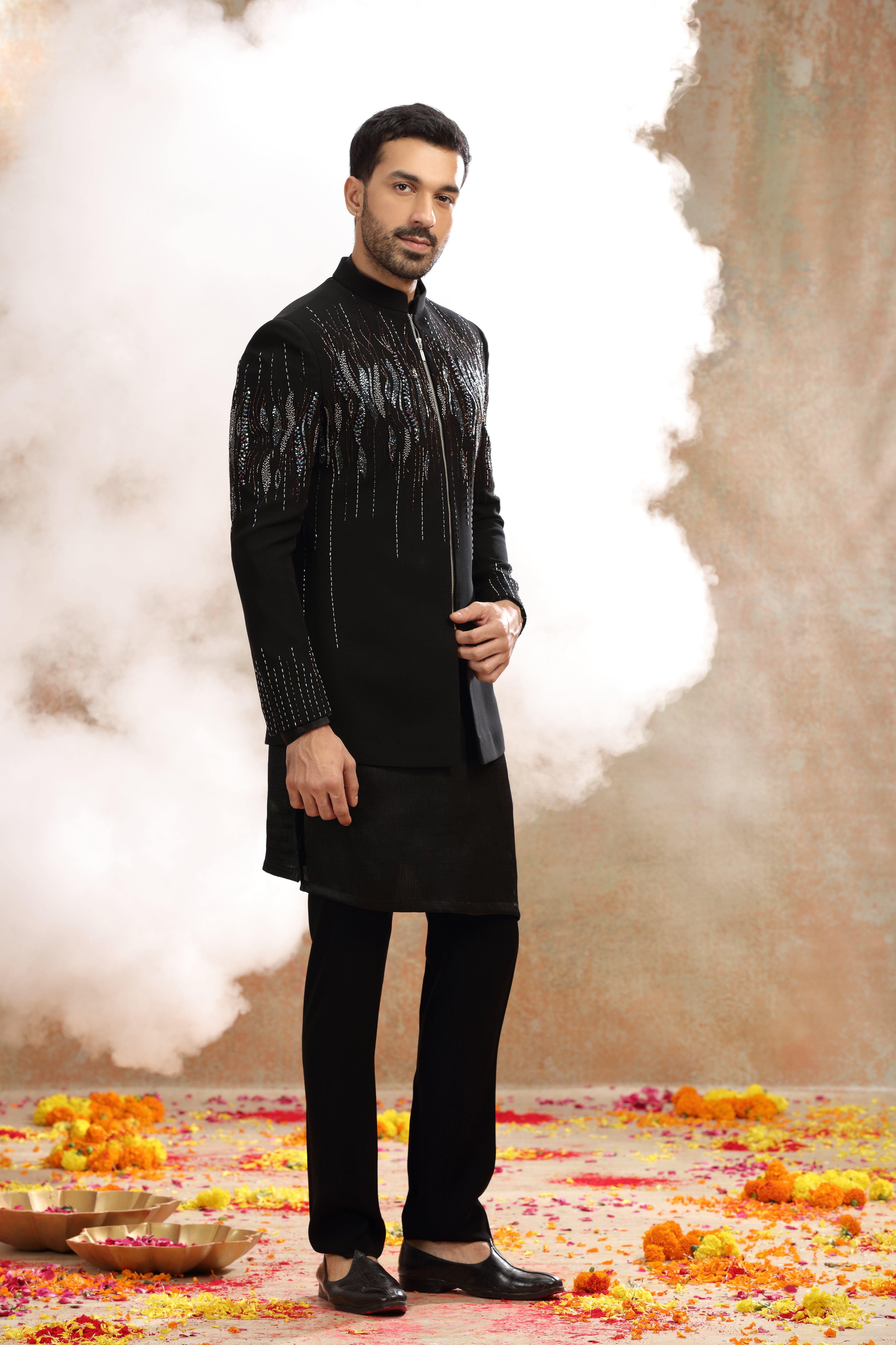 Black Suiting Indo Set with Cutdana & Sequins