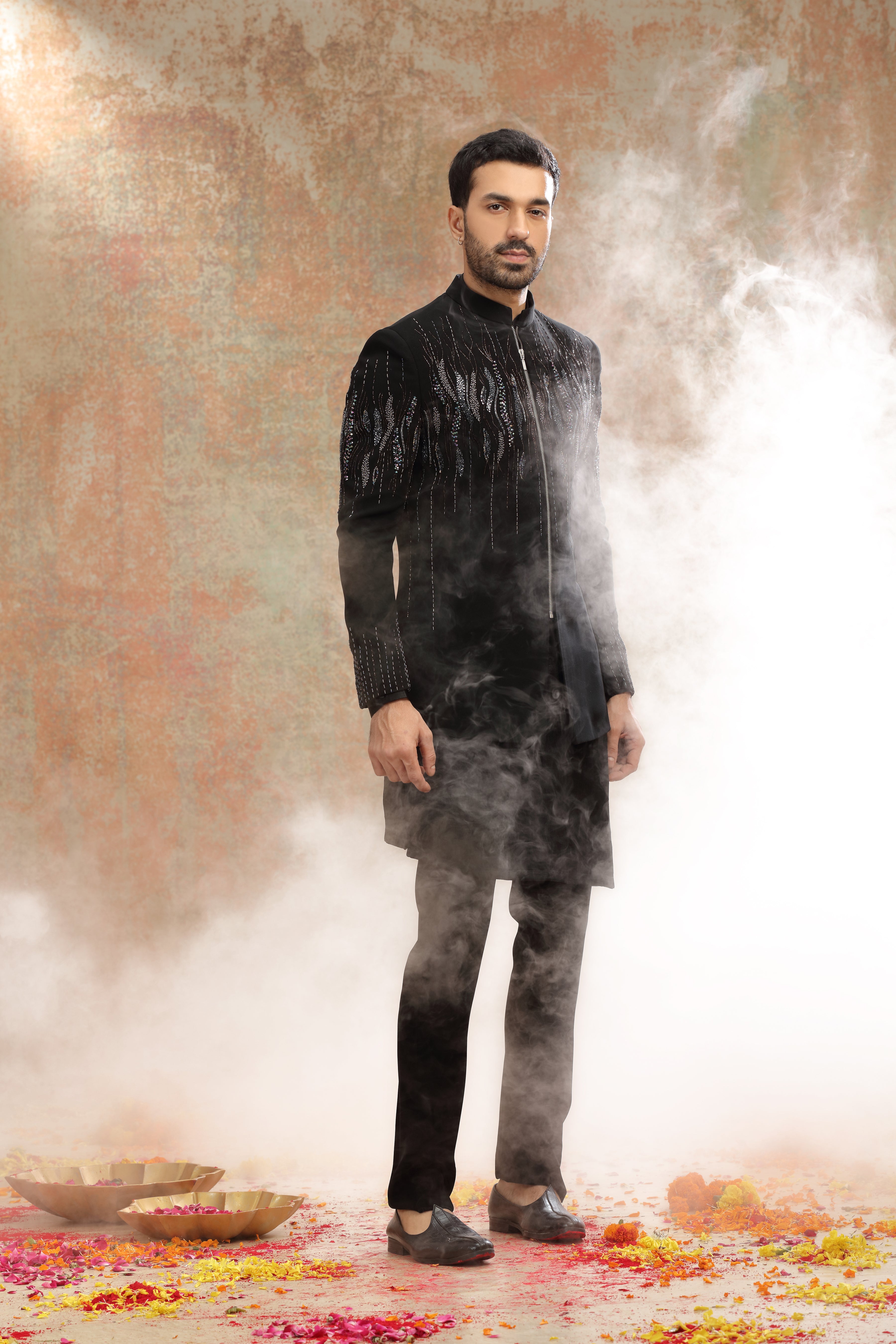 Black Suiting Indo Set with Cutdana & Sequins