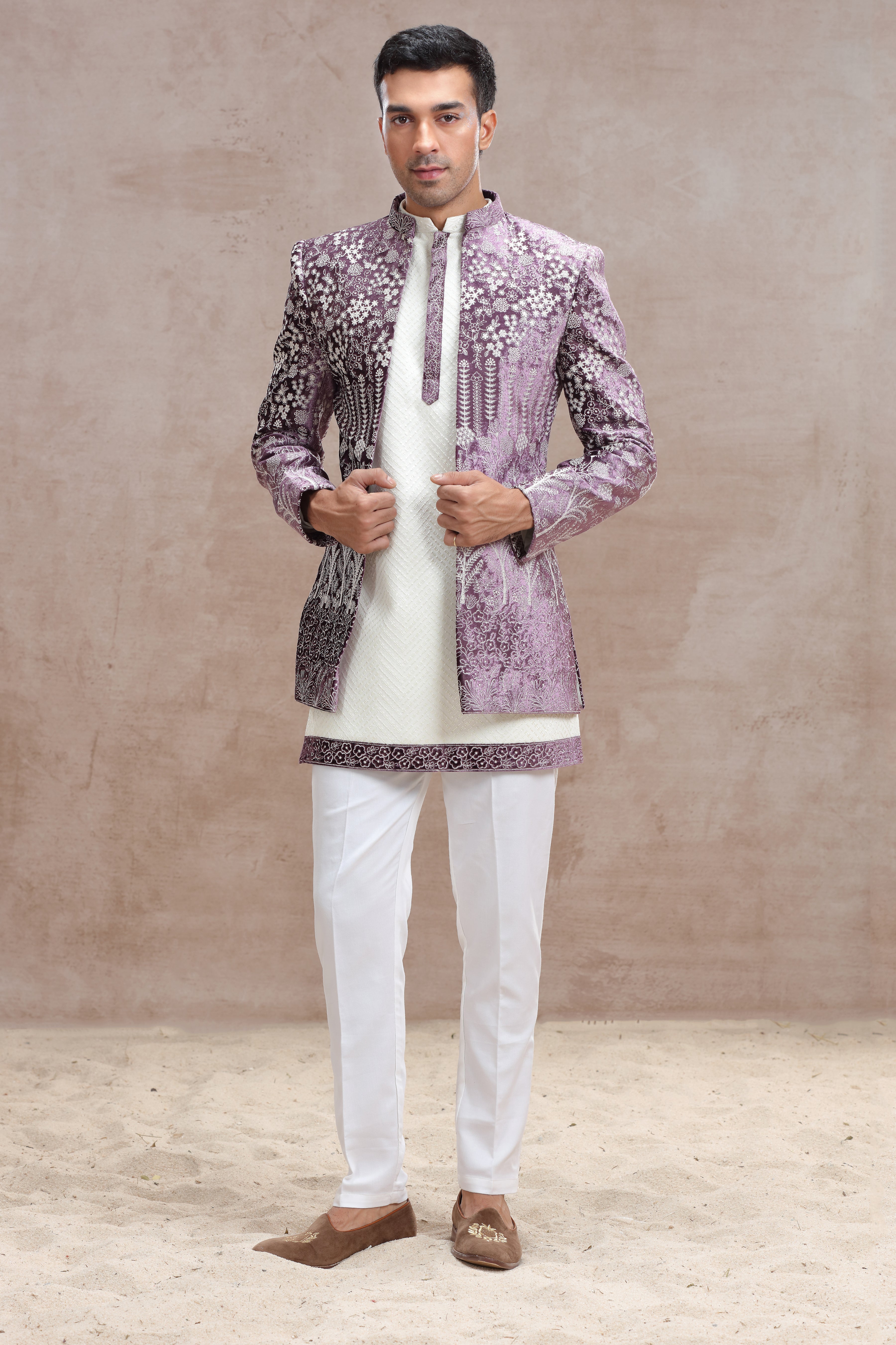 White & Lavender Indo Western with Chikankari & Thread Work