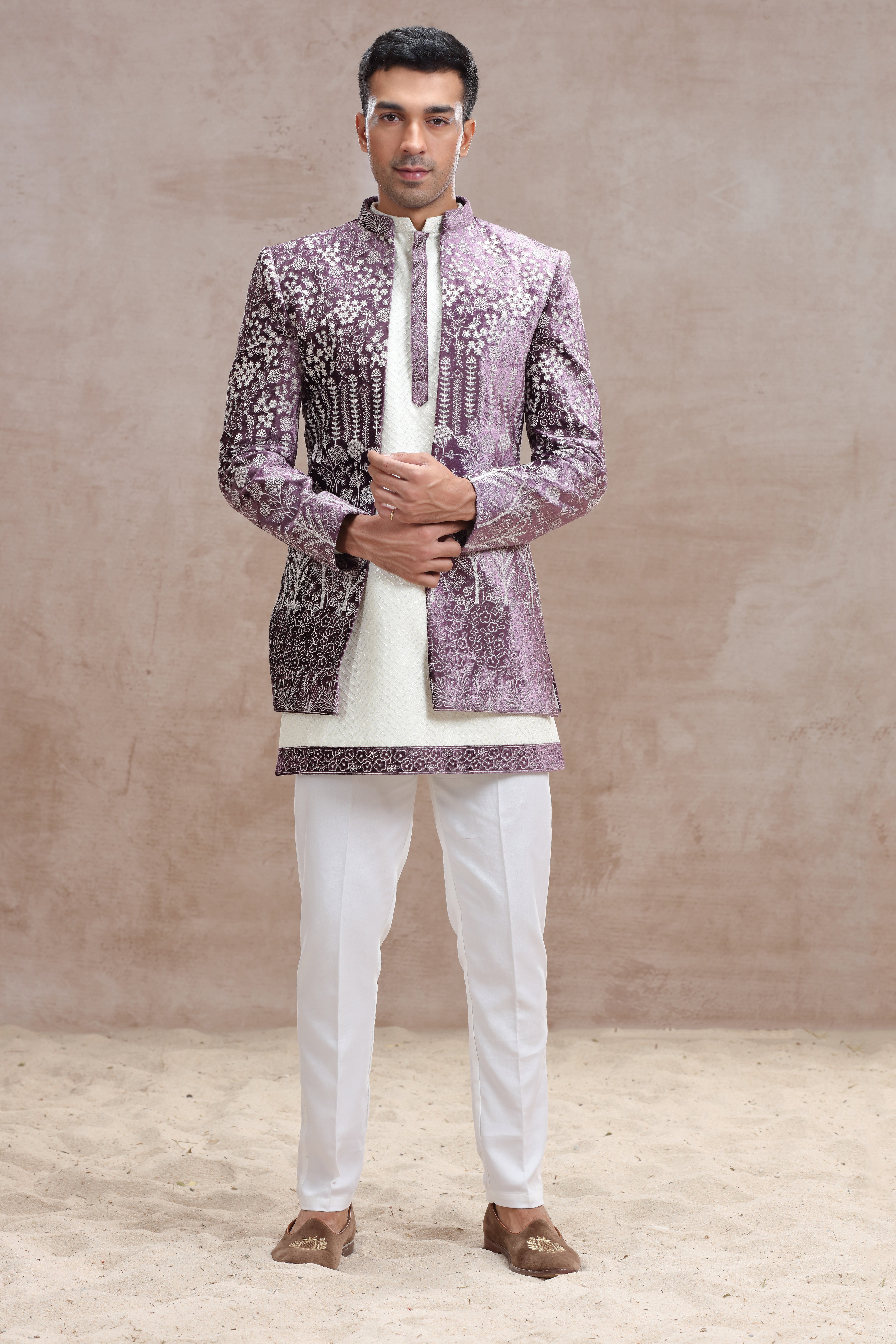 White & Lavender Indo Western with Chikankari & Thread Work
