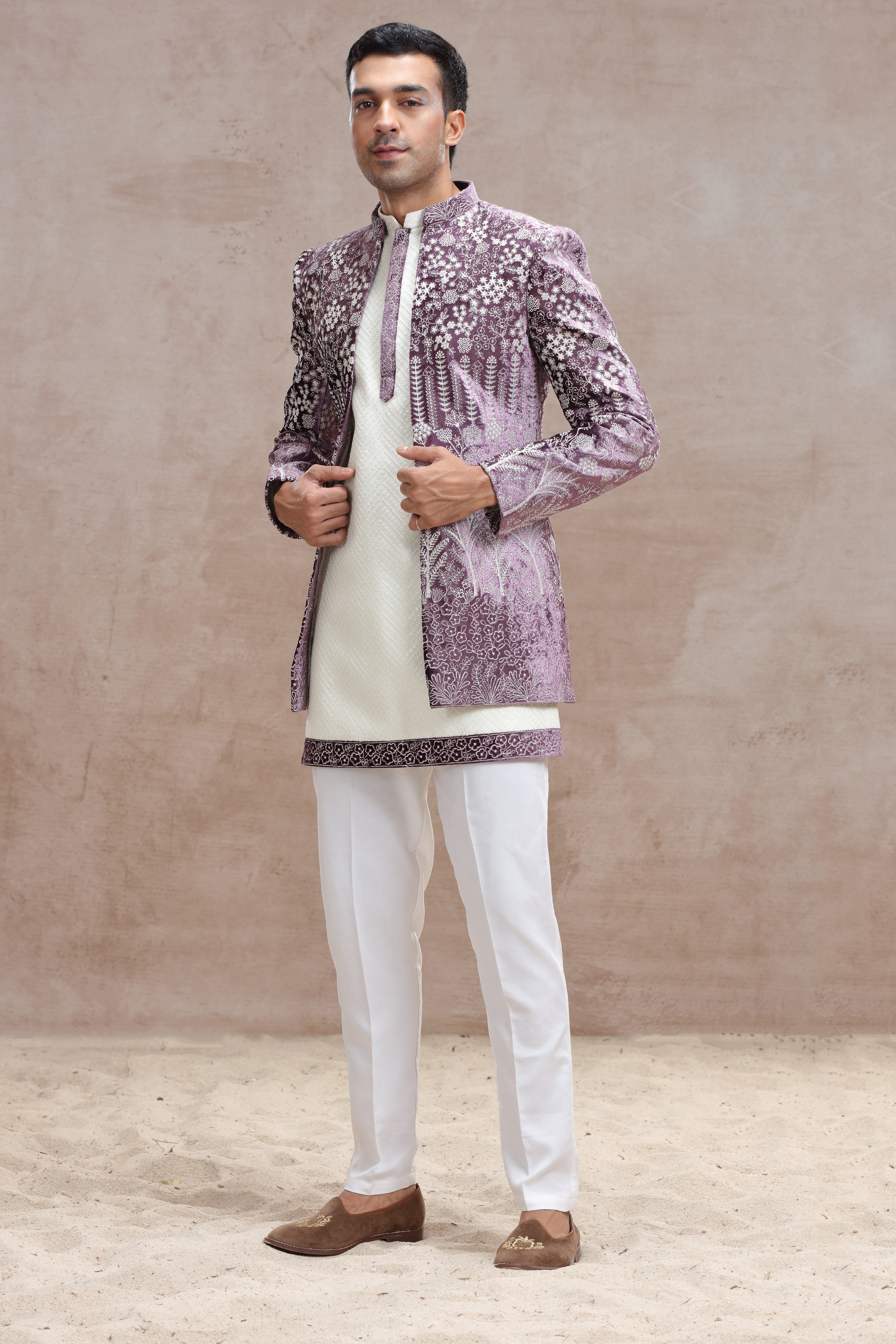 White & Lavender Indo Western with Chikankari & Thread Work