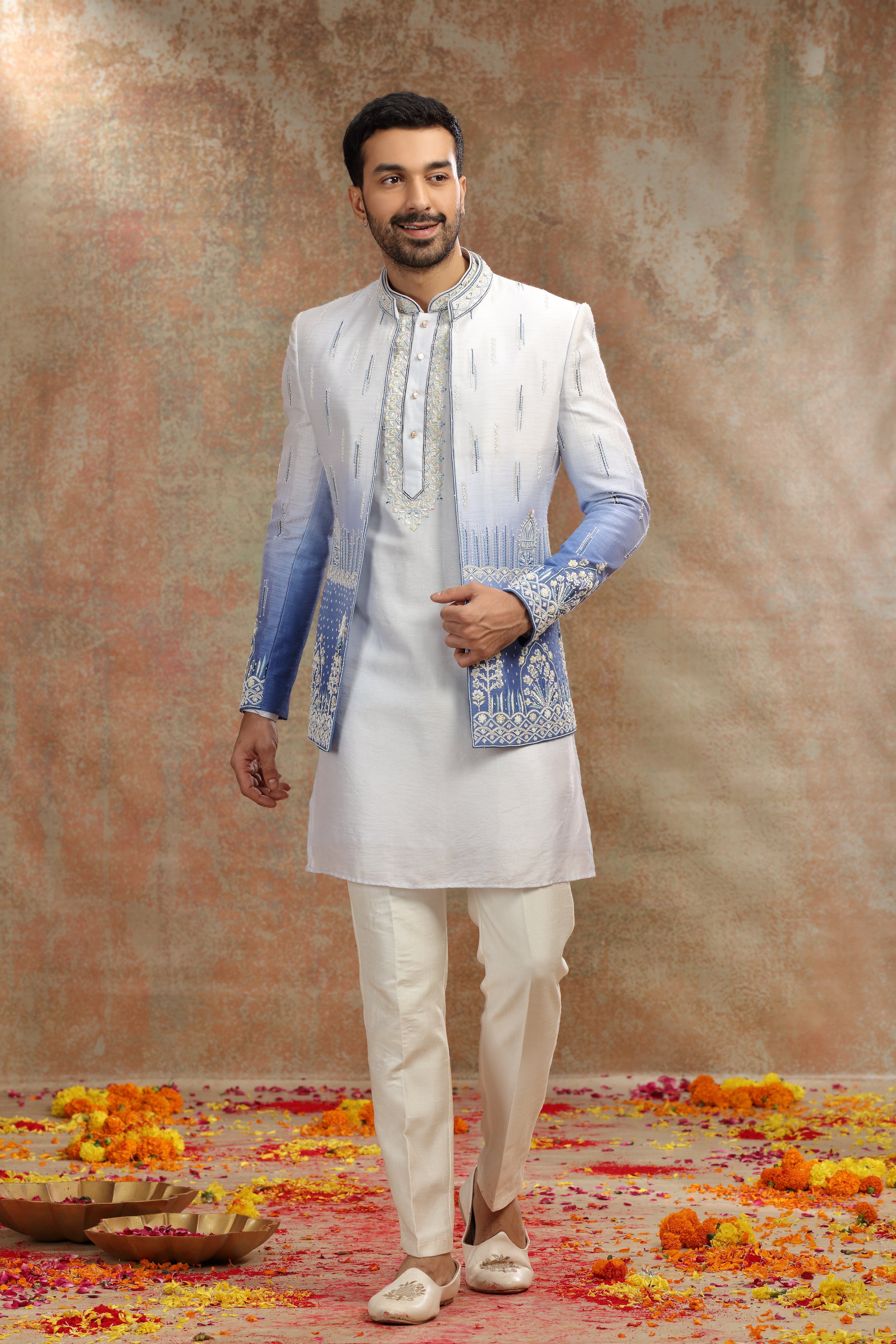 Blue Ombre Silk Jodhpuri Set with Beads Work