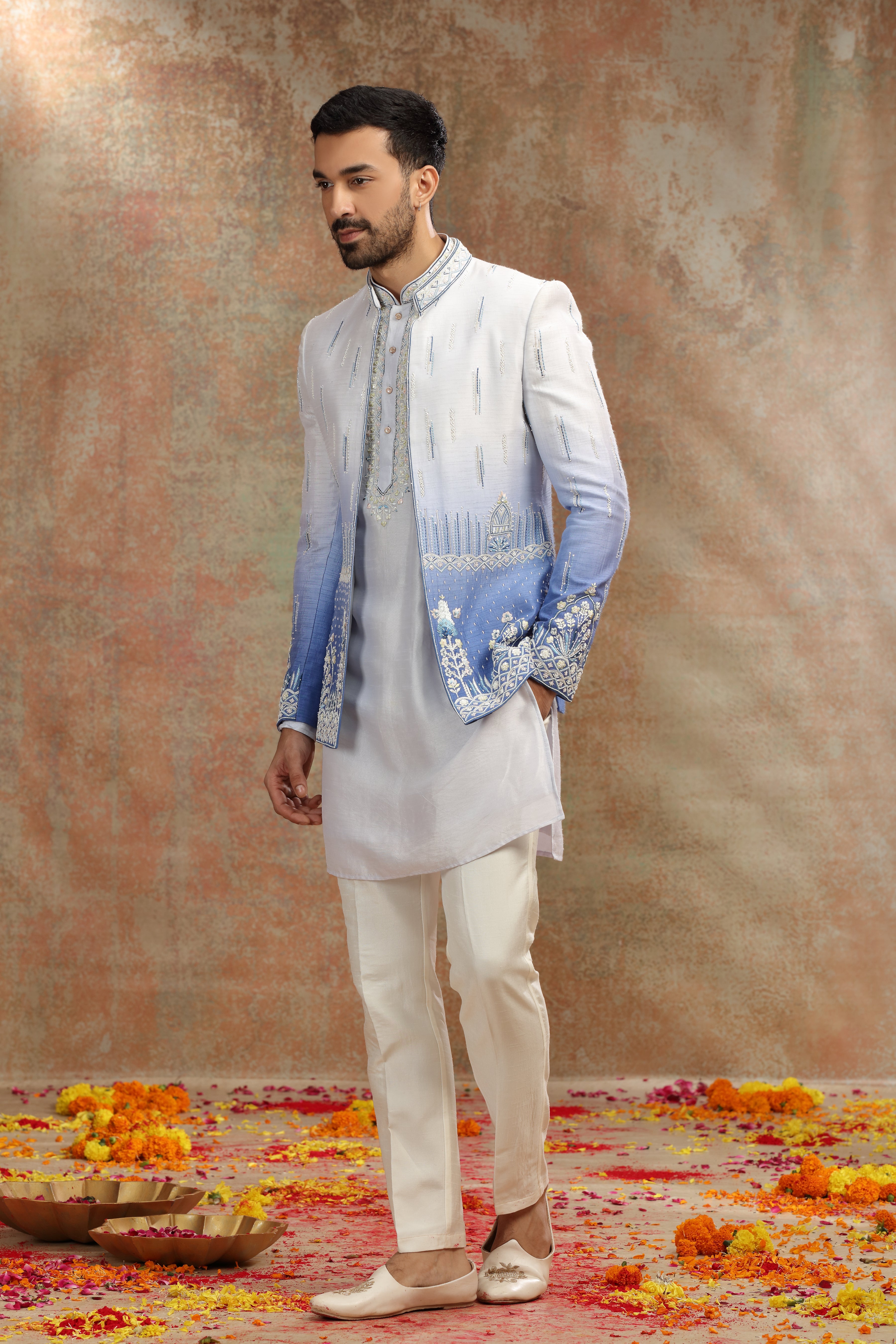 Blue Ombre Silk Jodhpuri Set with Beads Work