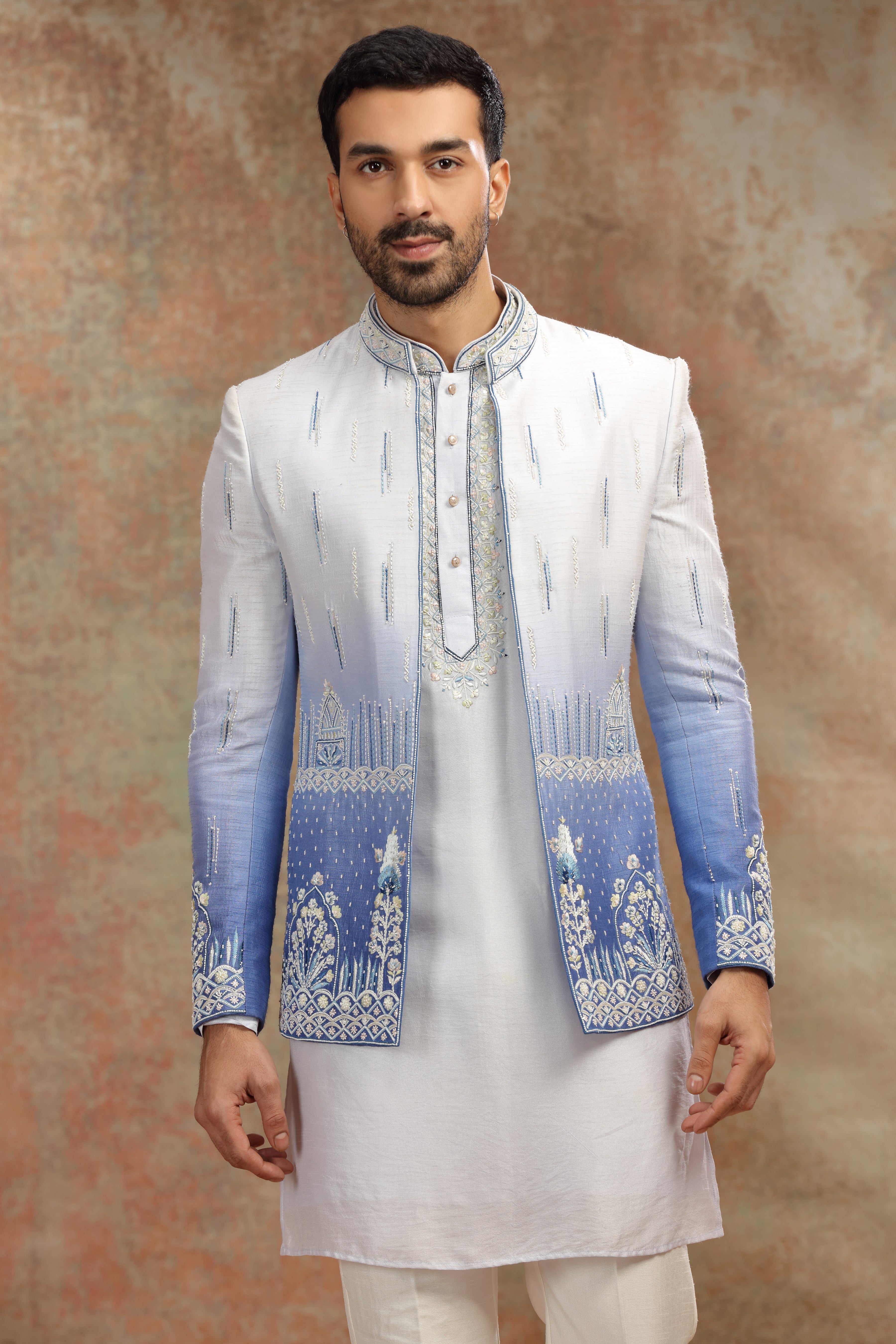 Blue Ombre Silk Jodhpuri Set with Beads Work