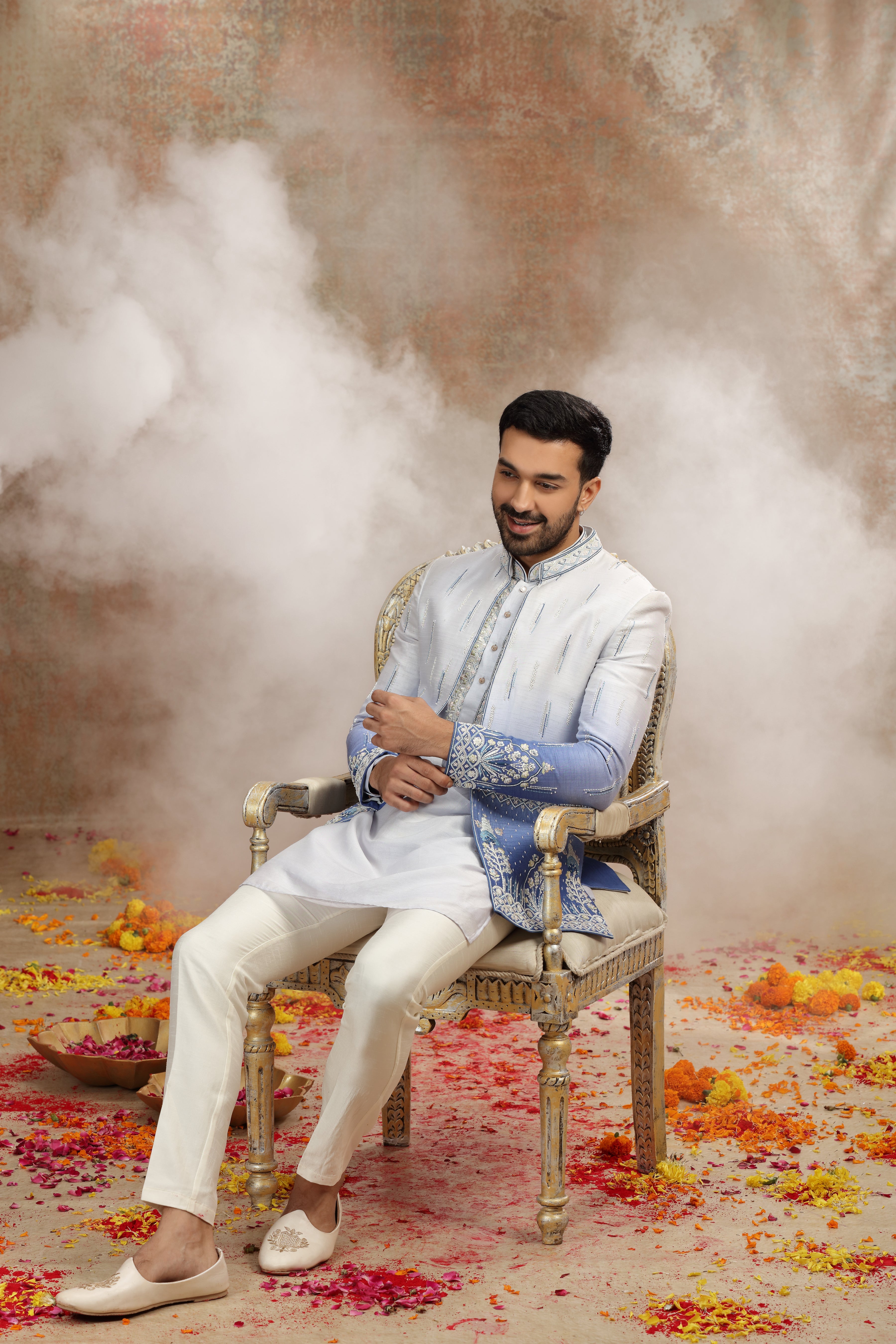 Blue Ombre Silk Jodhpuri Set with Beads Work