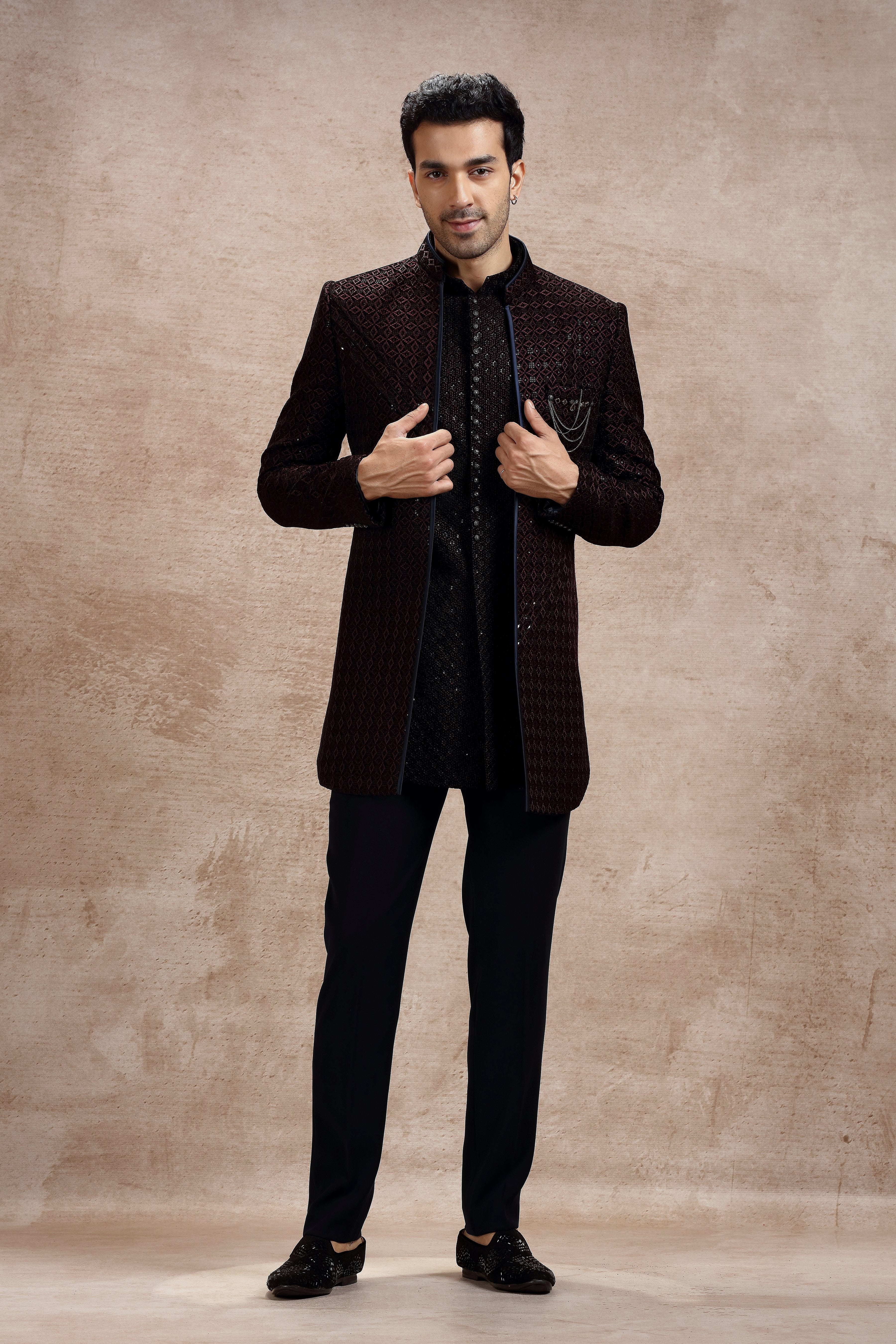 Wine Velvet Indo Western Kurta with Geometric Motifs - Shreeman