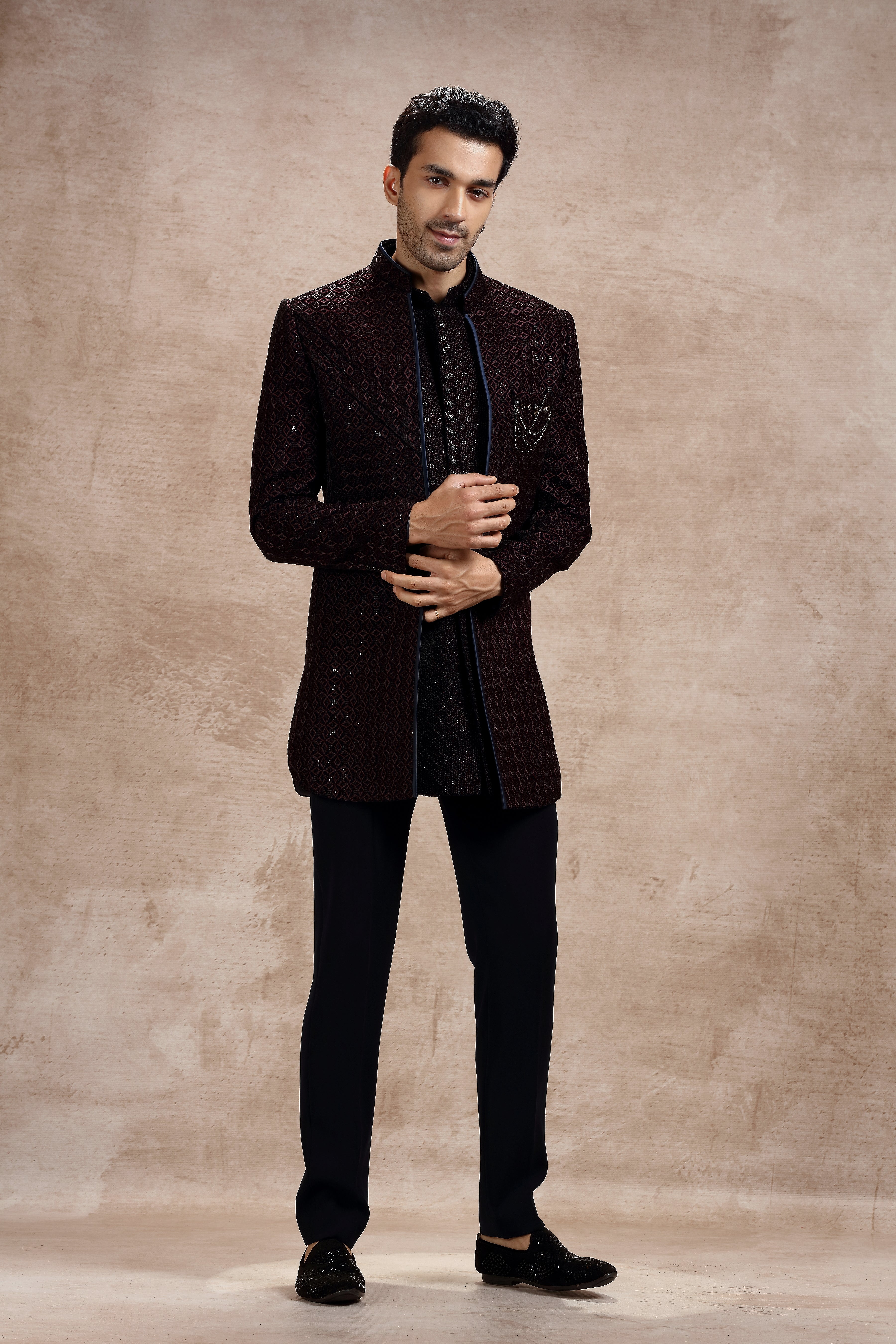 Wine Velvet Indo Western Kurta with Geometric Motifs - Shreeman