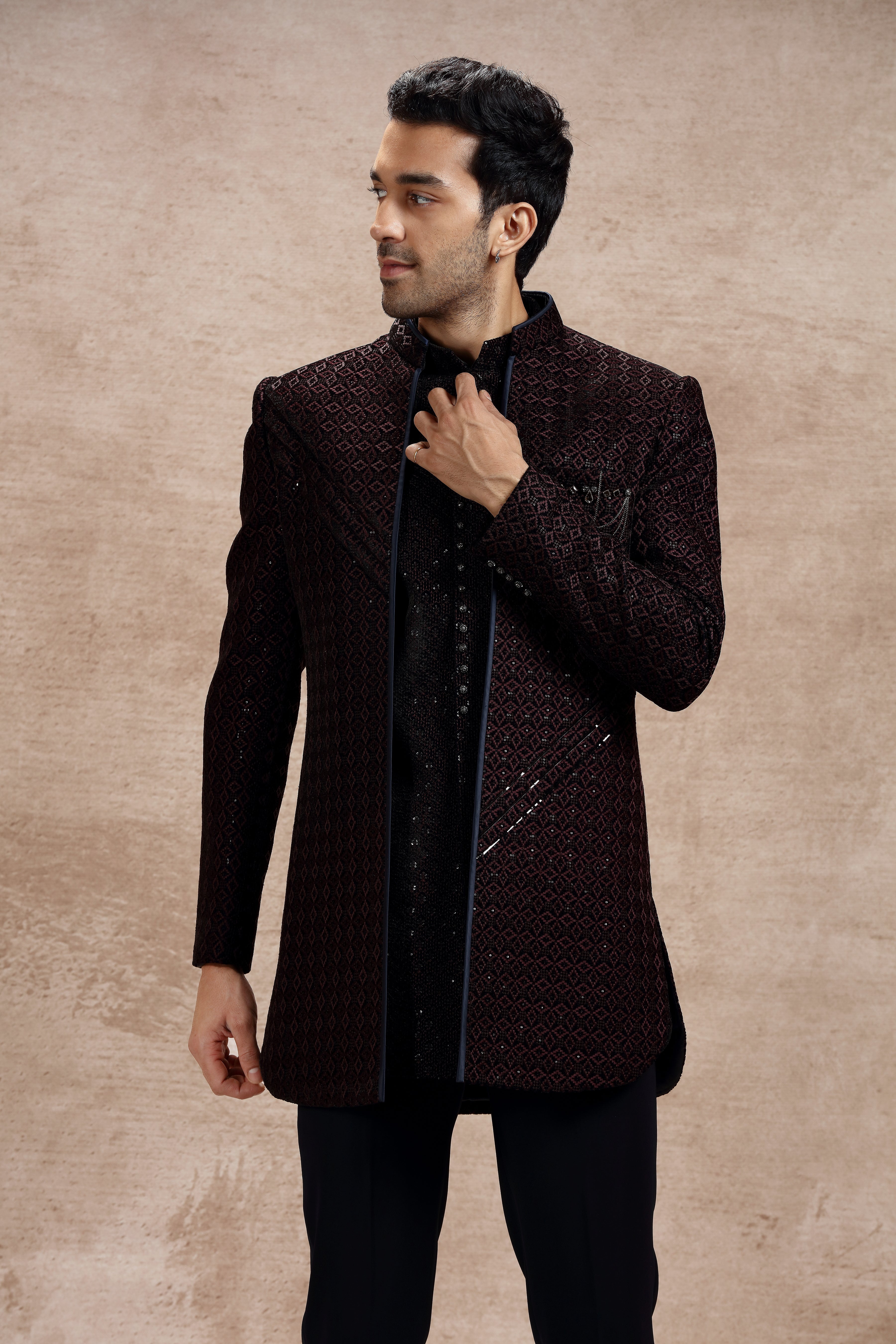 Wine Velvet Indo Western Kurta with Geometric Motifs - Shreeman