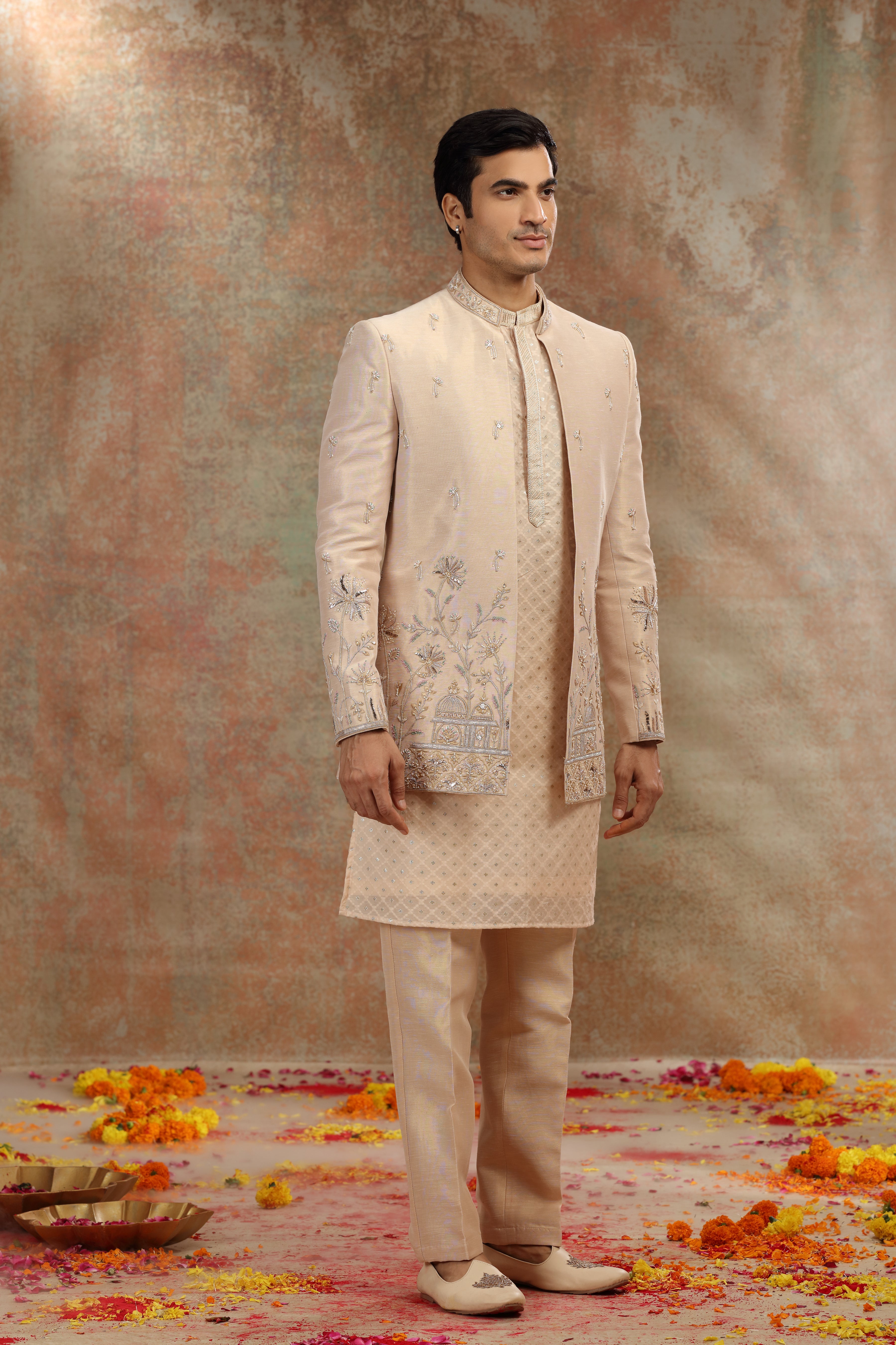 Golden Silk Tissue Jodhpuri Set with Badla Work