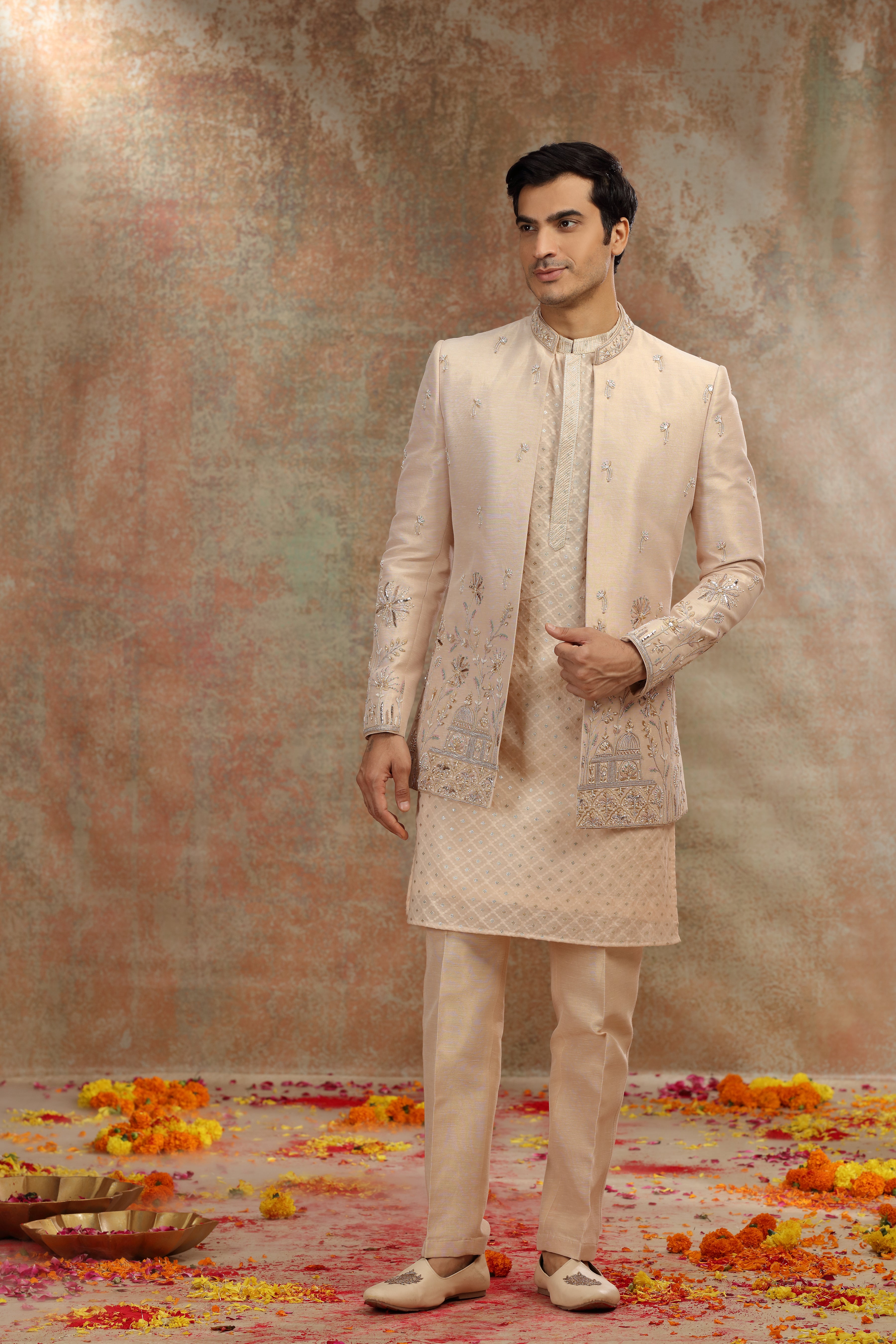 Golden Silk Tissue Jodhpuri Set with Badla Work