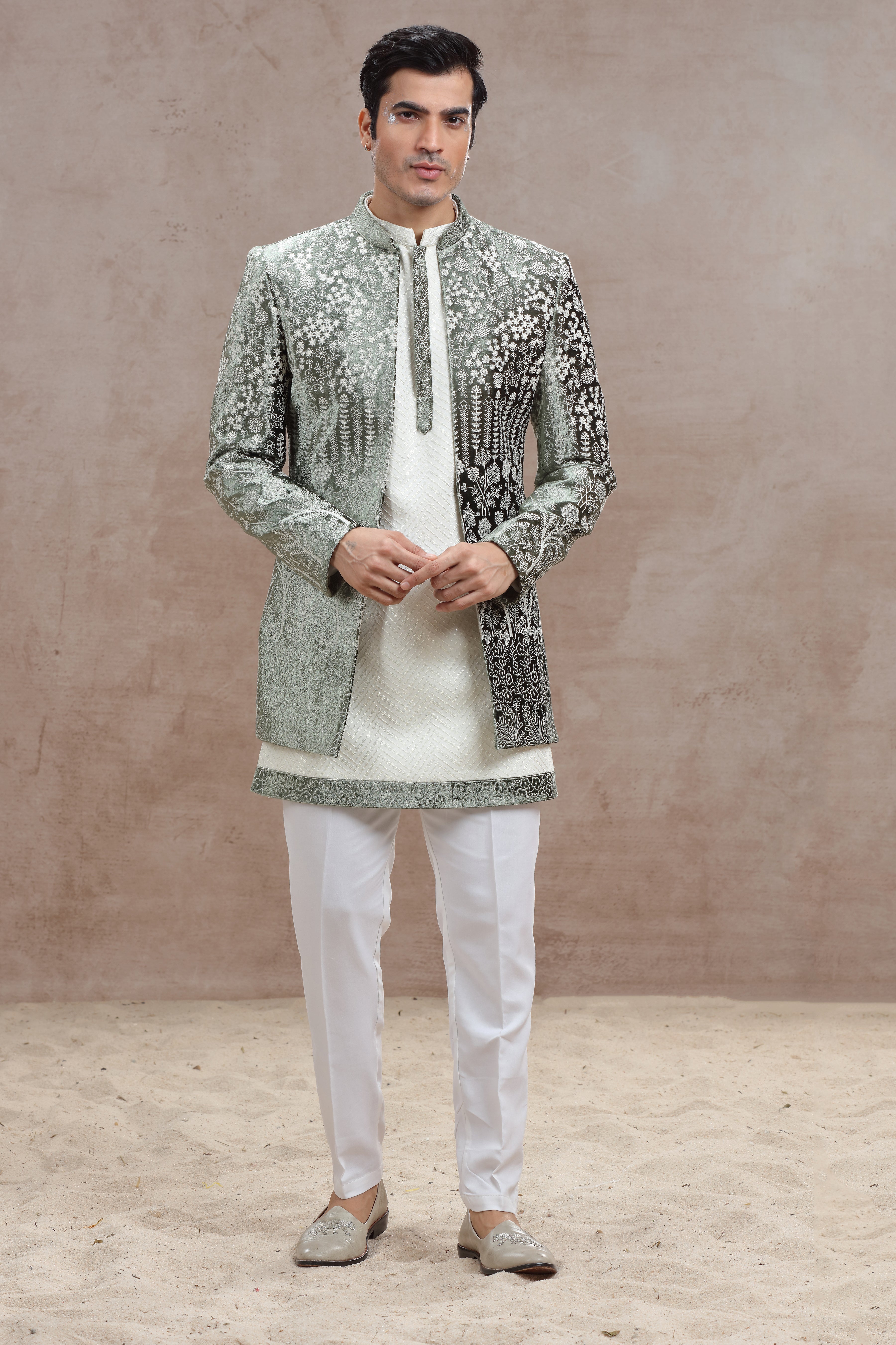 White & Olive Green Indo Western with Thread Work